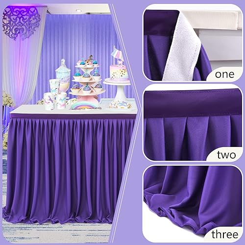 Miniatura 5 de Partisky Falda de mesa de poliéster morado para mesas rectangulares de 17 pies, mantel plisado resistente a las arrugas para banquetes, bodas,