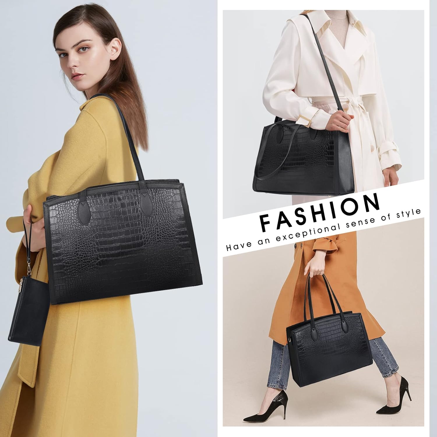 Laptop Bag for Women 15.6 Inch Laptop Tote Bags PU Leather Lightweight Womens Computer Bag Office Shoulder Bag Handbag Large Capacity Work Briefcase Bag 2PCs Black Crocodile Pattern - Image 6