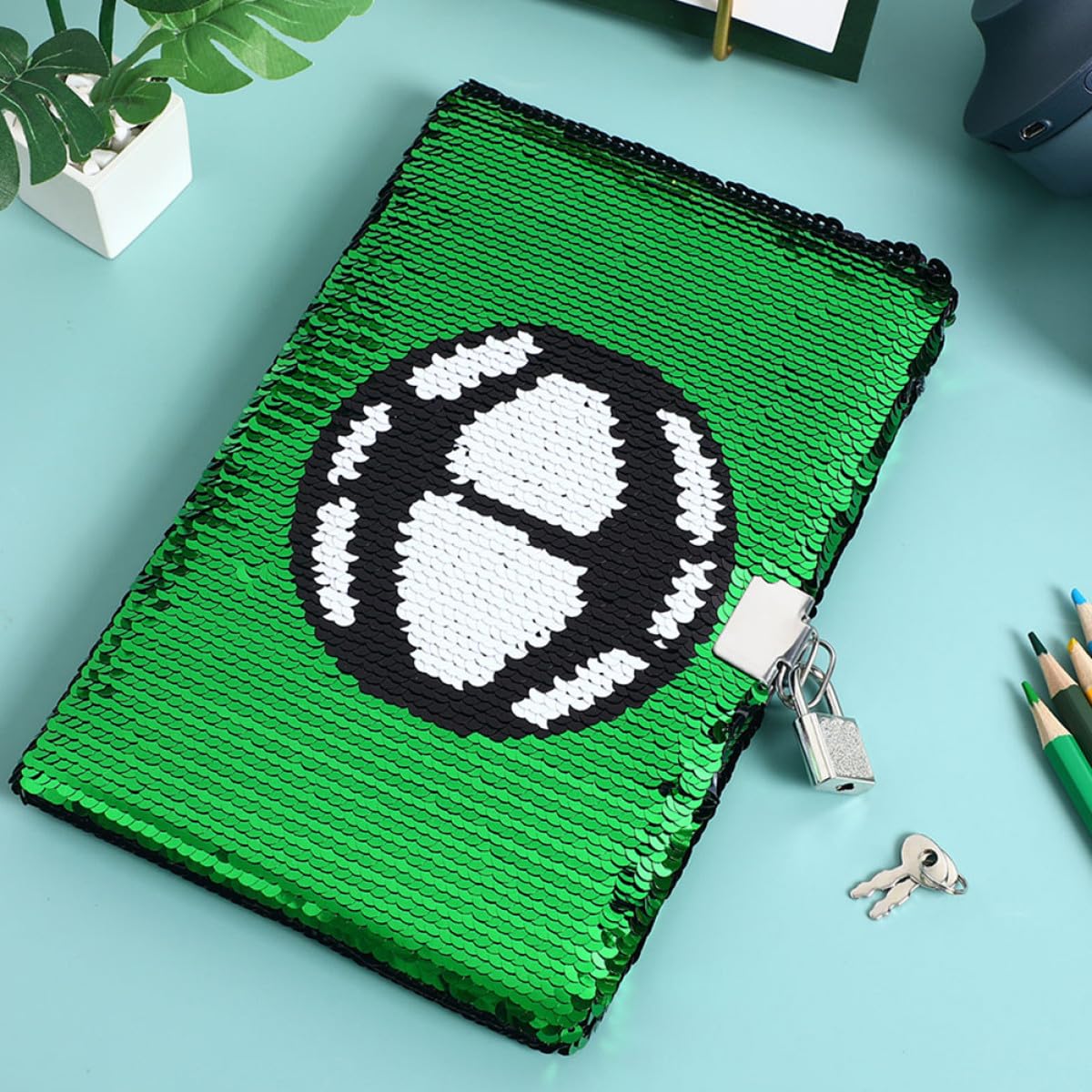 KESYOO Diario con Lucchetto e Paillettes Reversibili Tema Calcio Set 2 Pezzi Quaderno Portatile per Ragazzi e Ragazze Diario Scuola Calcio con Blocco Sicurezza Adolescente