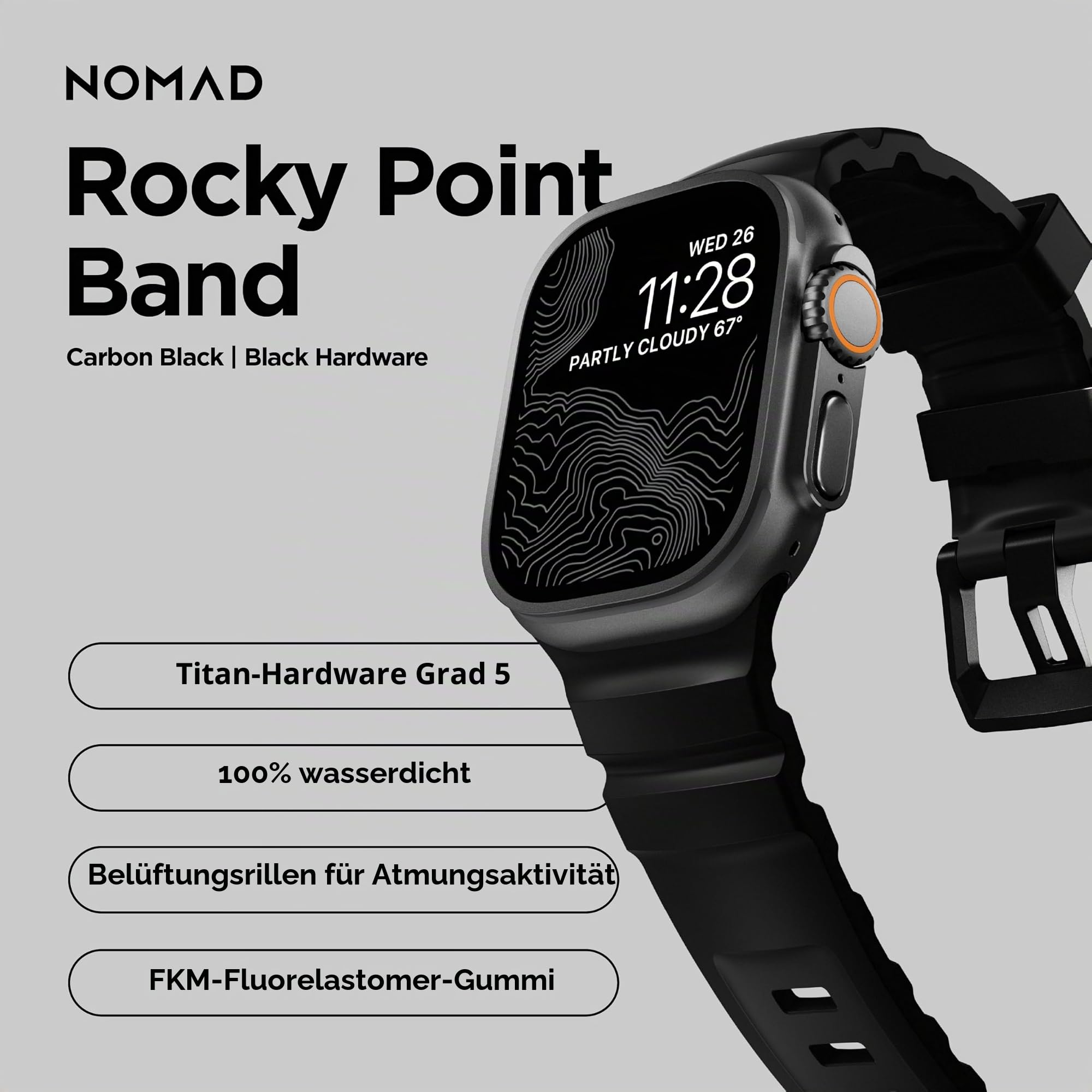 NOMAD Rocky Point Band | für Apple Watch 42/44/45/49 mm |ultimative leistungsstarke Uhrenarmband | Carbon Black Connector Black