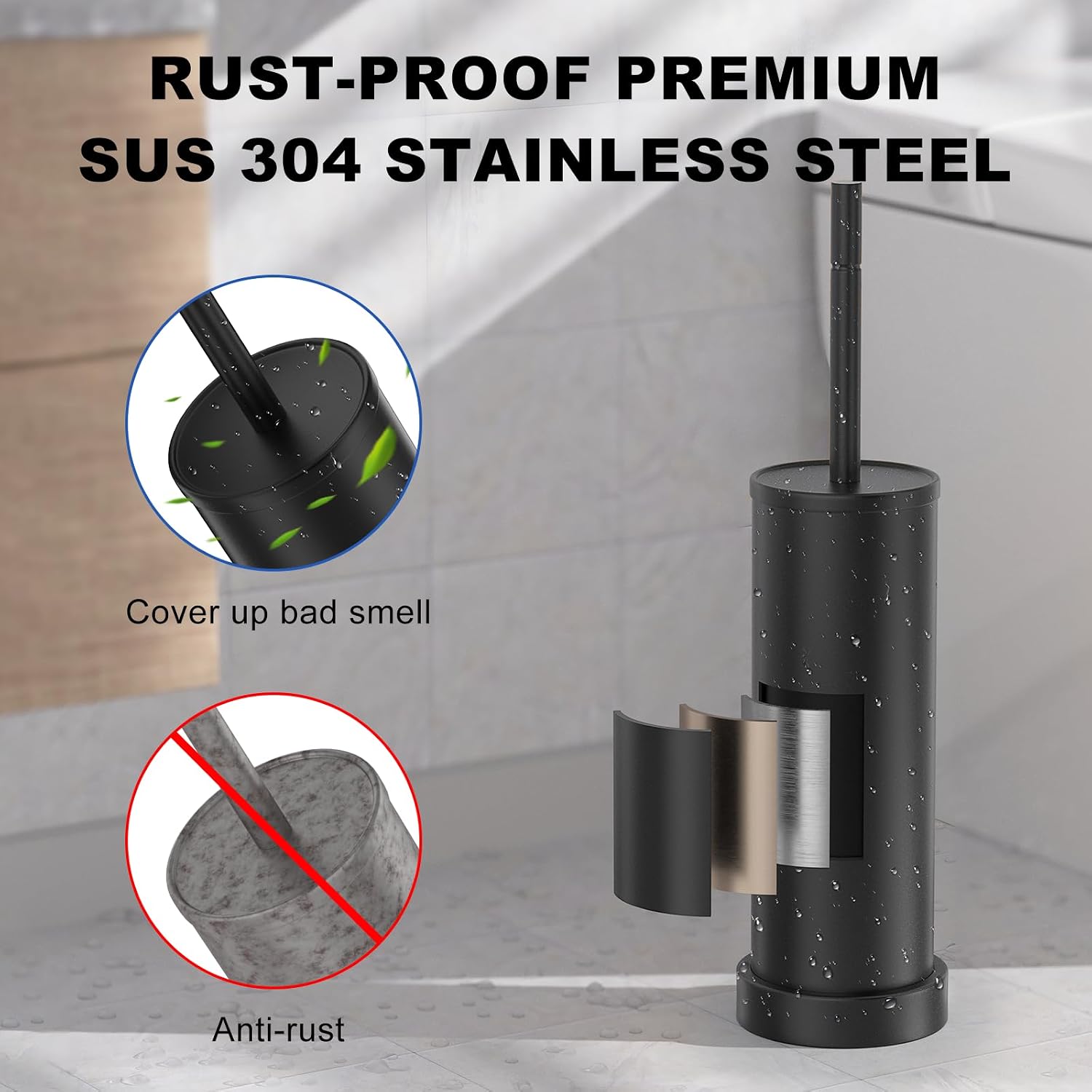 Black Toilet Brush and Holder，Extra Long Handled Toilet Brush for Bathroom，Stainless Steel Heavy Duty Toilet Bowl Brush,Removable Inner Bowl,Deep Cleaning Dense Bristles Brush