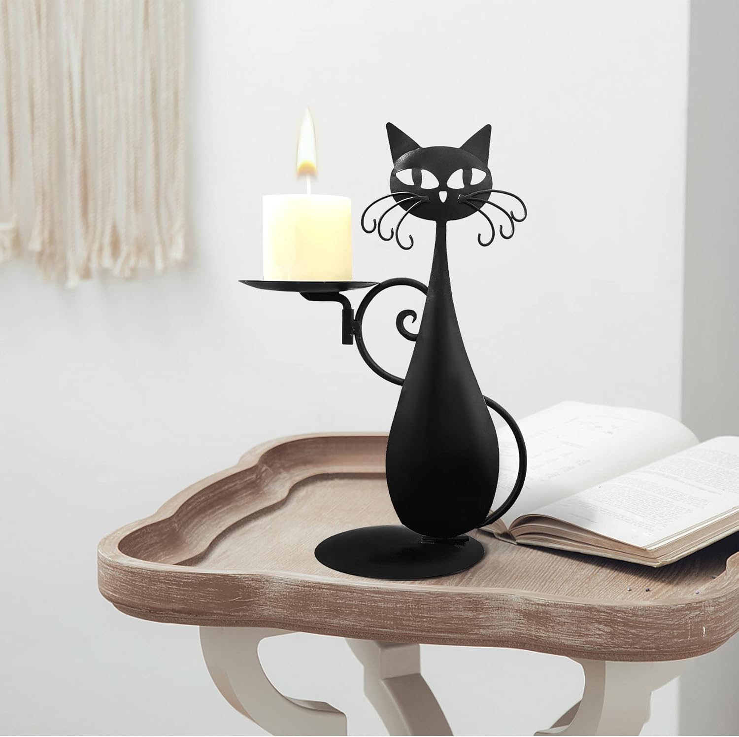 Black Cat Candle Holder for Pillar Candles Led Flameless Candles, Retro Rustic Farmhouse Home Metal Cat Decor Candlestick for Centerpiece, Dining Table, Housewarming Gifts