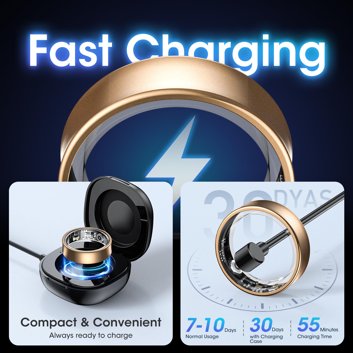 Smart Ring für Herren Damen, Fitness Ring mit 24/7 Herzfrequenz HRV SpO2 Schlaf Temp, 176 Sportmodi, IP68 Wasserdicht, APP kein ABO, für Android iOS (Gold, 57.5mm)
