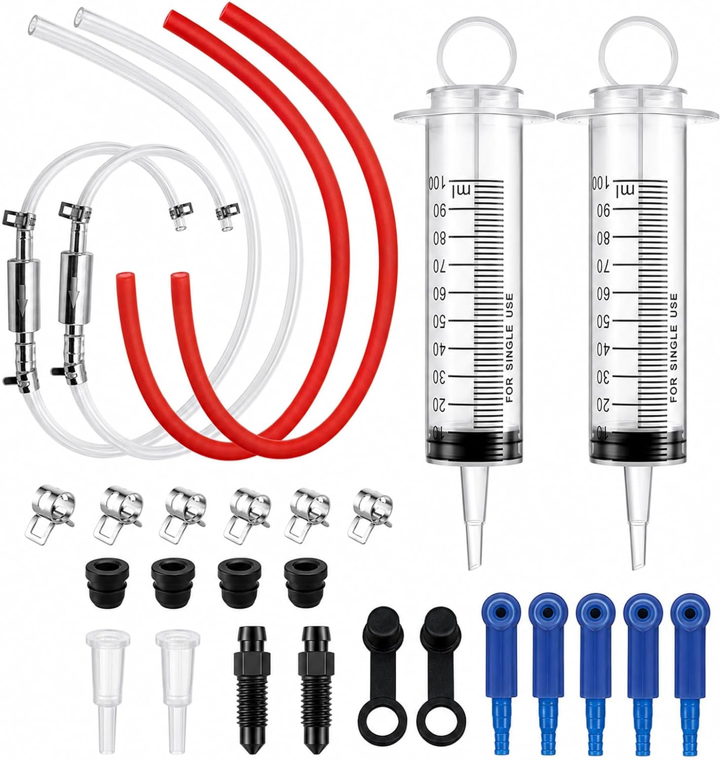 Brake Bleeder Kit, 31-Piece One-Person Brake & Clutch Bleeding Tool with 2 x 100ml Syringes, One-Way Check Valve Hoses, Quick Adapters & Clamps for Motorcycle, ATV, Car and Light Truck