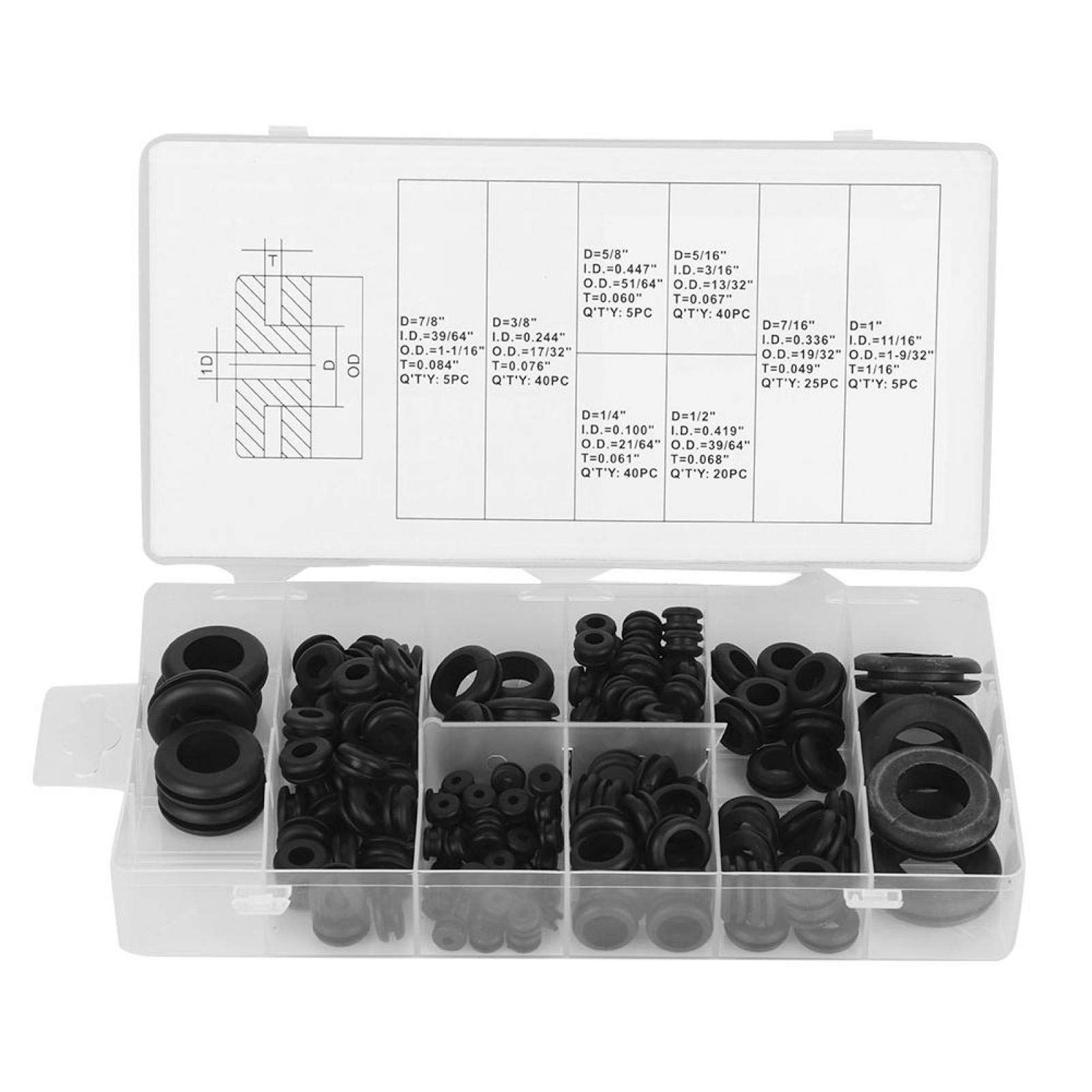Fydun 180Pcs Rubber Grommet Assortment Kit, 1/4", 5/16", 3/8", 7/16", 1/2", 5/8", 7/8", 1" with Box for Automotive, Plumbing, and PC Hardware/Piano Repair etc.