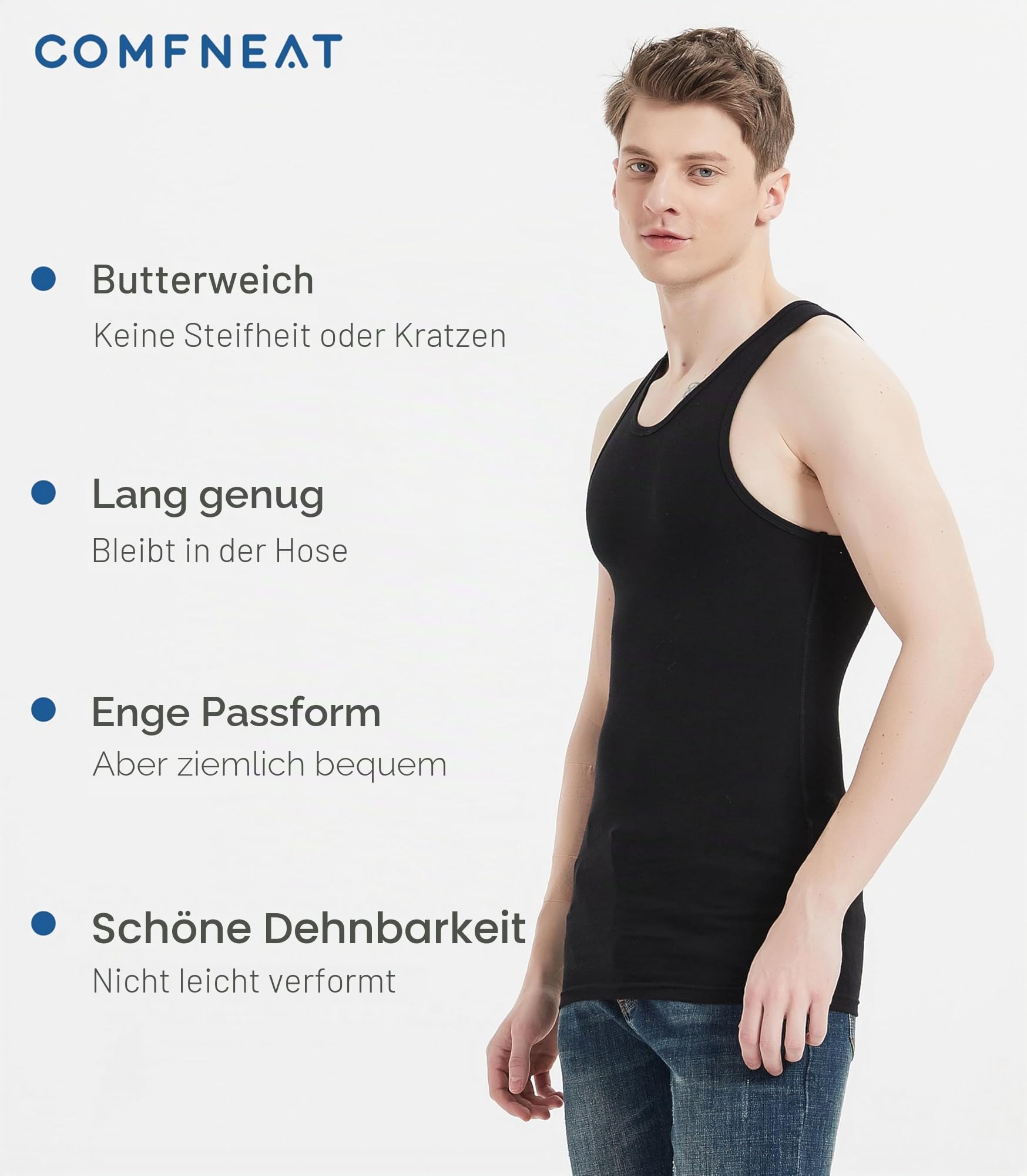 Comfneat Herren 6-Pack Elastisch Tank Tops Eng Anliegende Unterhemden | Bauwolle Elasthan, Extra Lange, Ärmellose