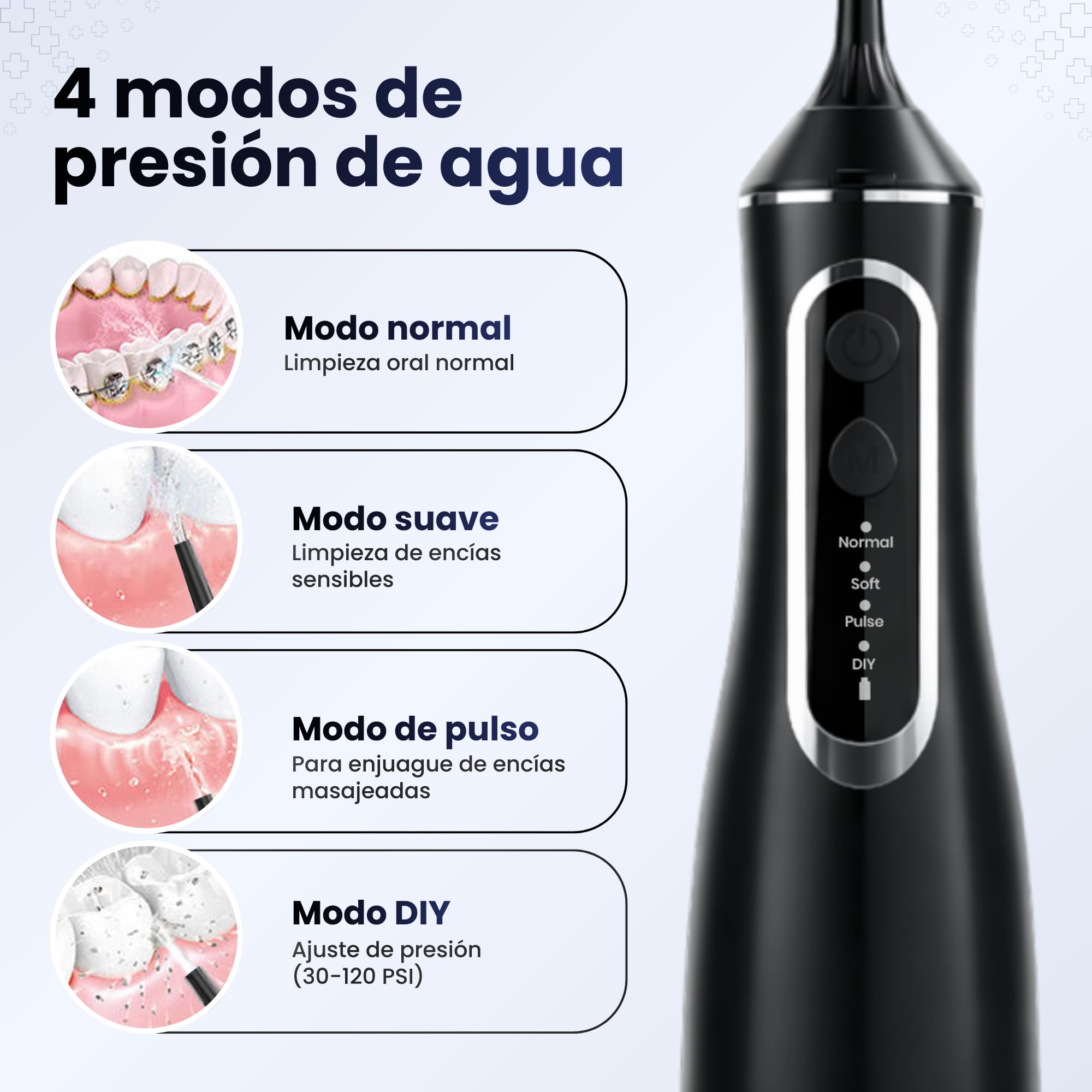 BeFit Water Flosser Portatil 320ml IPX8 4 Modos 120PSI 1400-1800/min Batería Recargable USB 1200 mAh