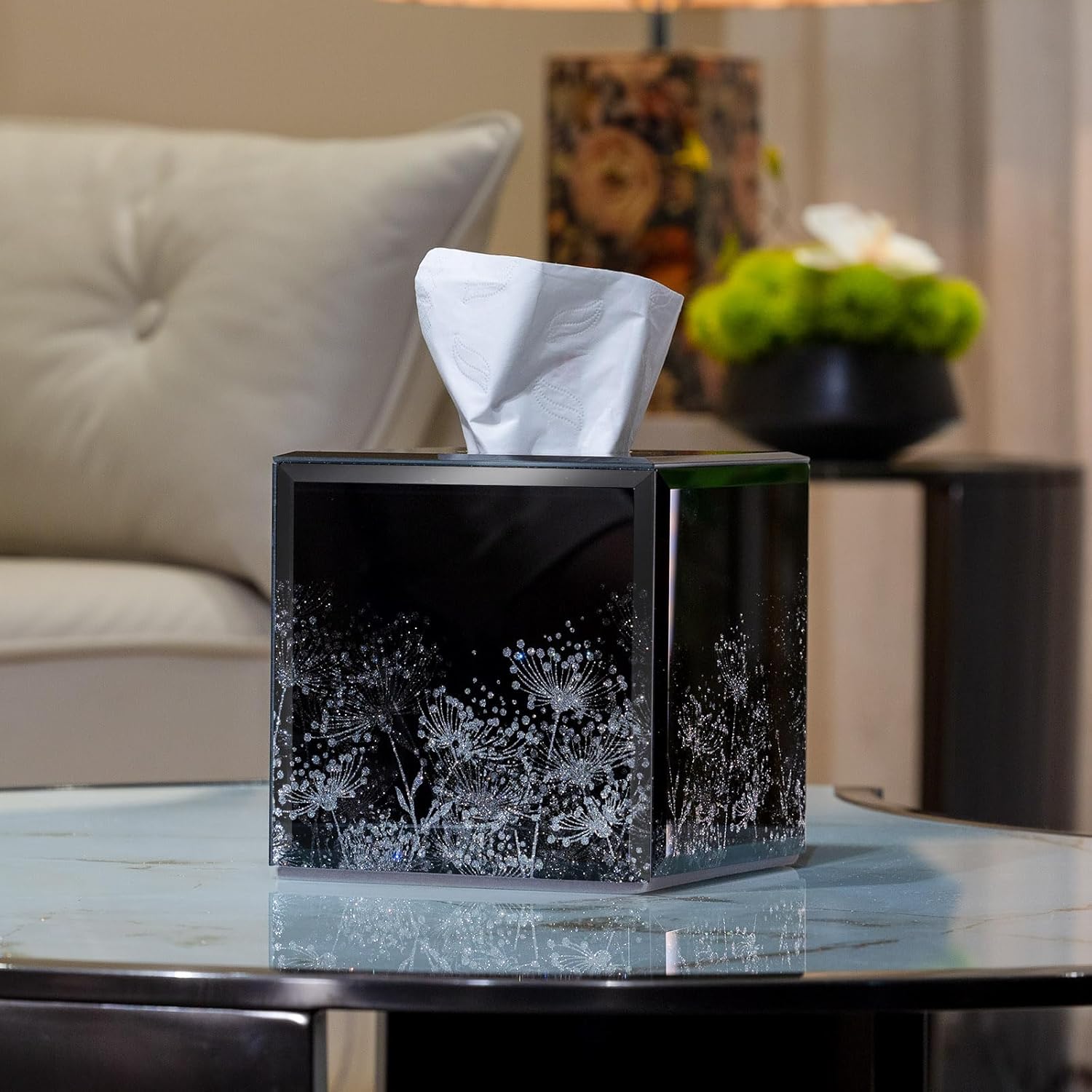 Glass Tissue Box Cover Square-Dandelion Pattern Decorative Tissue Holder with Velvet Lining for Home Decor, Bedroom, Kitchen, Office (Black)