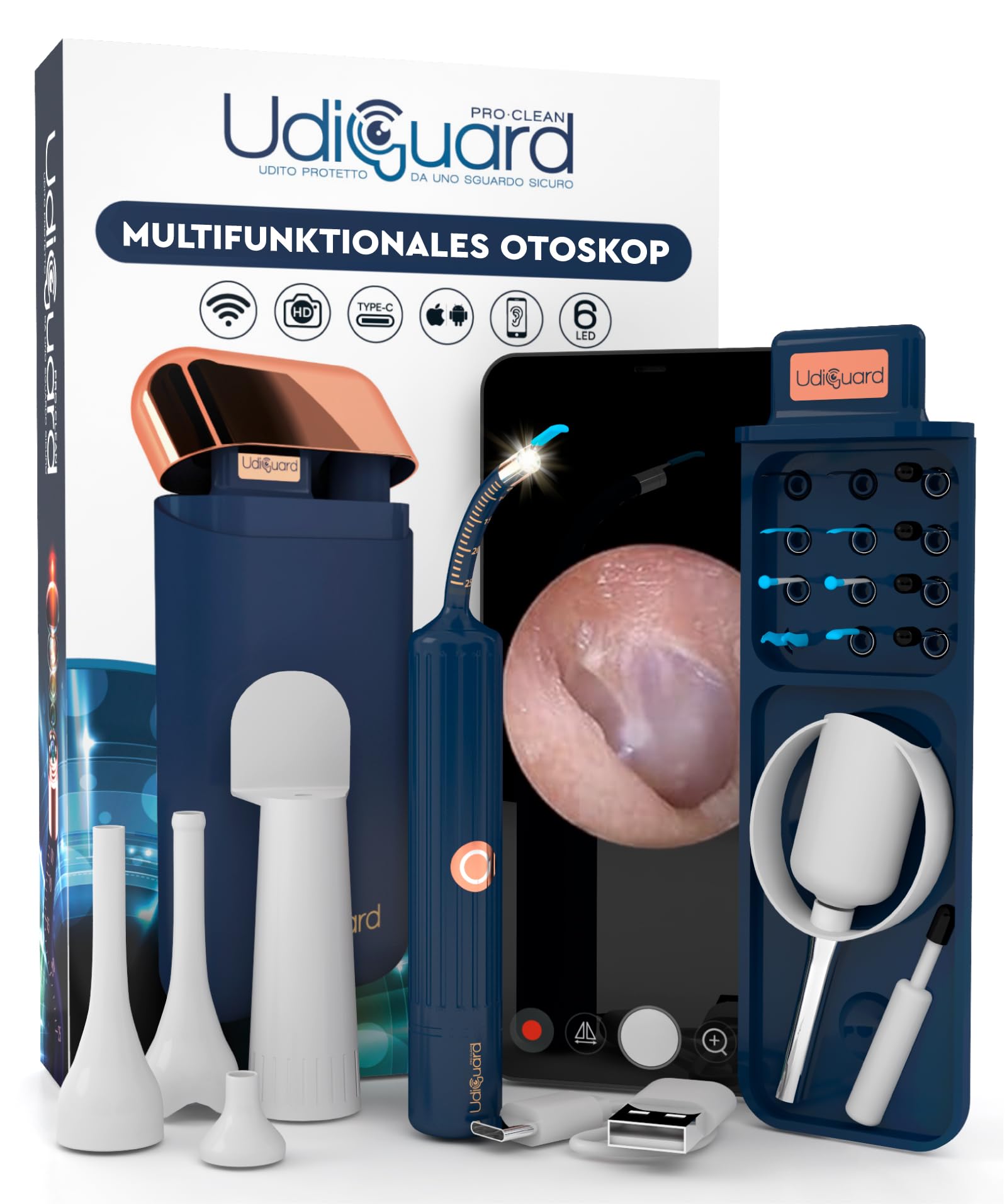 Ohrenschmalz Entferner Otoskop Flexibler Digitaler Ohrreiniger 10MP-HD-Kamera WiFi UdiGuard Pro-Clean Ohrenspiegel mit Pinzette und Austauschbaren Spitzen - Hals-Nasen-Ohren-Set Erwachsene und Kinder