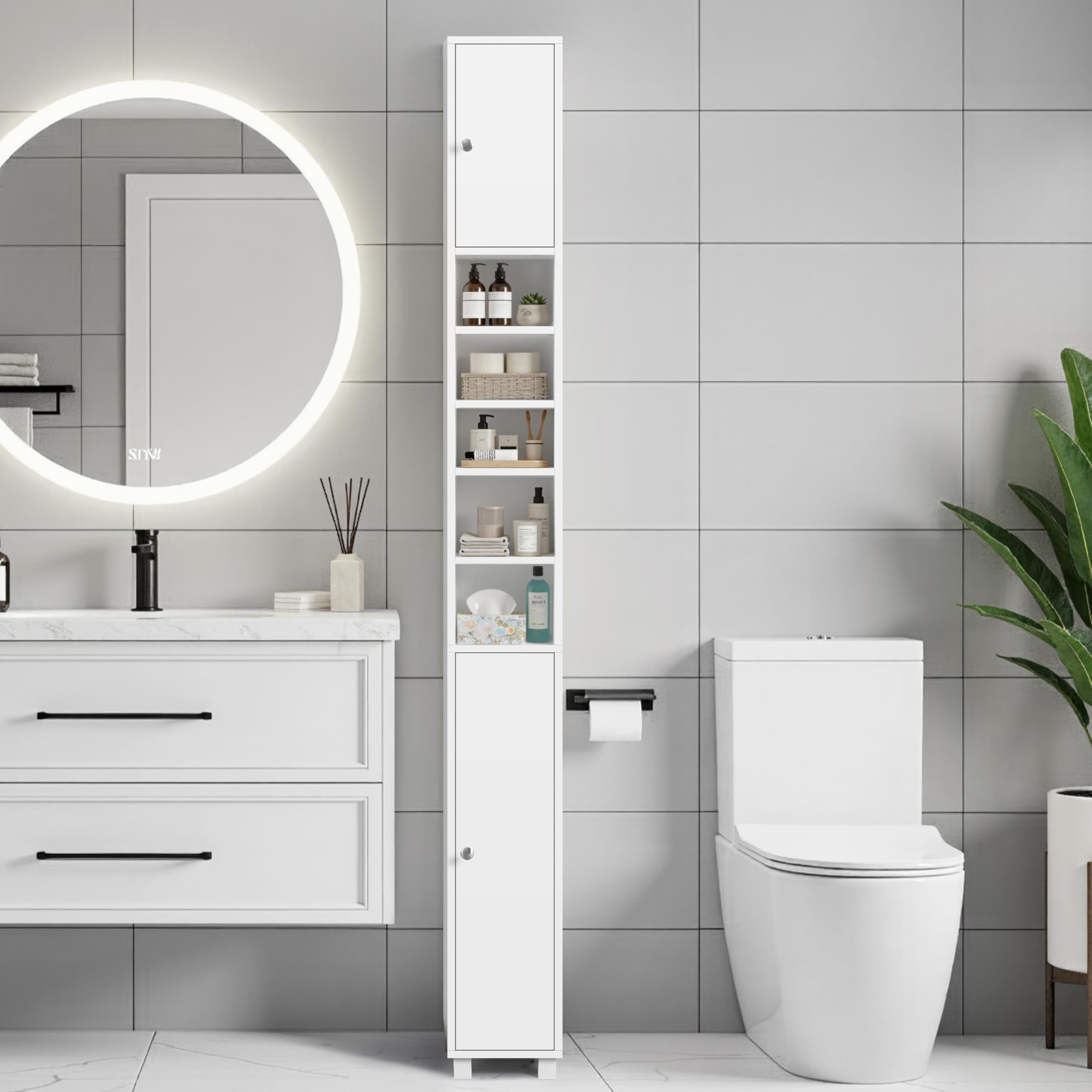 Abician Meuble Colonne Salle de Bain 20 cm - Armoire de Rangement Étroite avec Tiroir et Étagères Réglables - Meuble Salle de Bain Compact pour WC, Blanc, 20x20x180cm