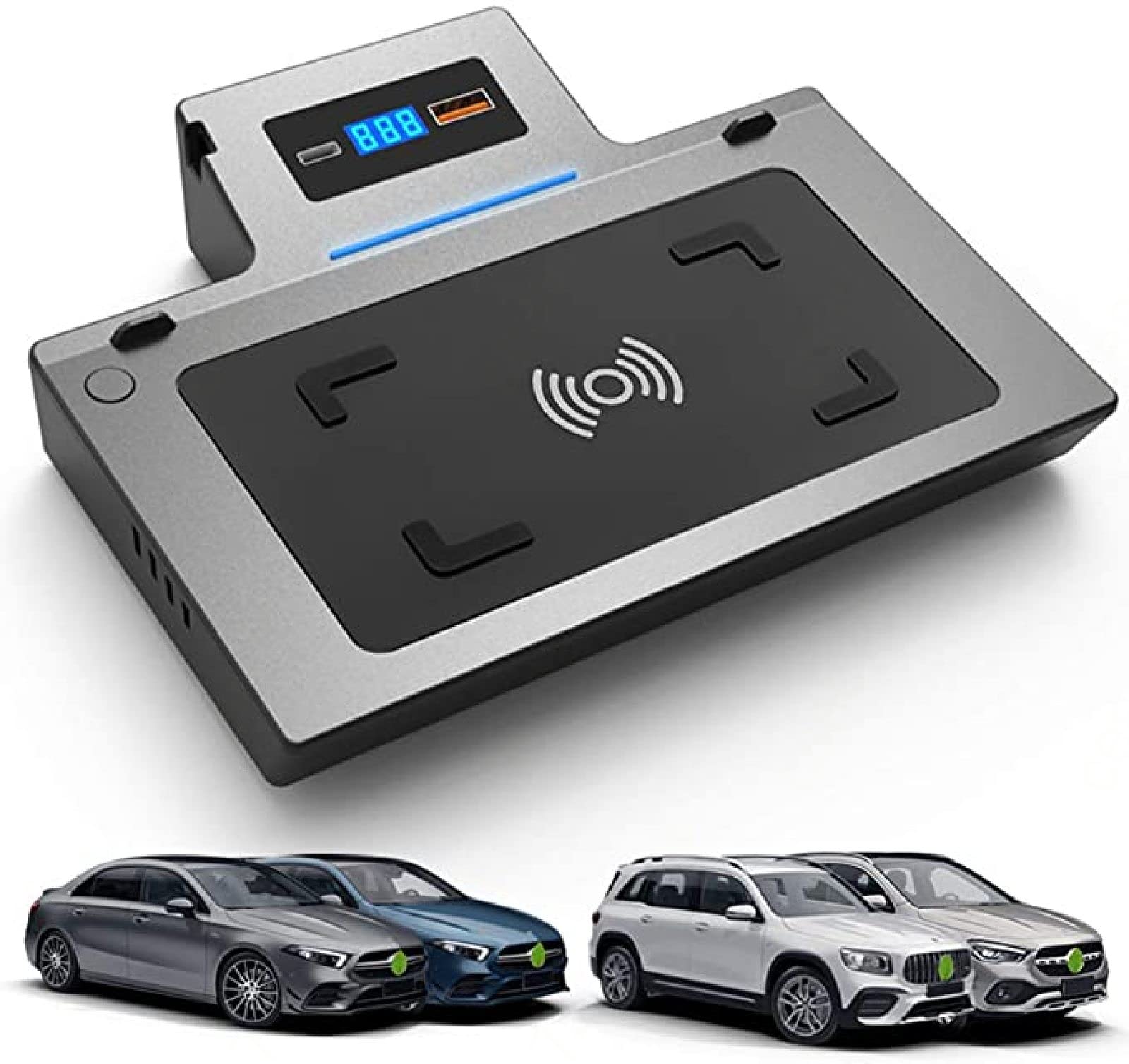 XLARSH Car Wireless Charger, for Mercedes-b-ENZ A-Class GLA GLB 2019 2020 2021 QI Smart Charger with QC3.0 USB and 18W PD Port,15W 3 Coil Fast Cell Phone Wireless Inductive Charging Pad