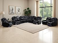 Vista 25 de Juego de sofá de cuero transpirable con puerto USB, 5 sofás seccionales reclinables en forma de L y 2 sillas, juego de sofá seccional reclinable