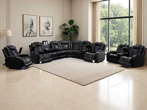 Miniatura 28 de Juego de sofá modular reclinable eléctrico, juegos de muebles de sala de estar, sofá reclinable seccional de cuero negro, sofá reclinable eléctrico