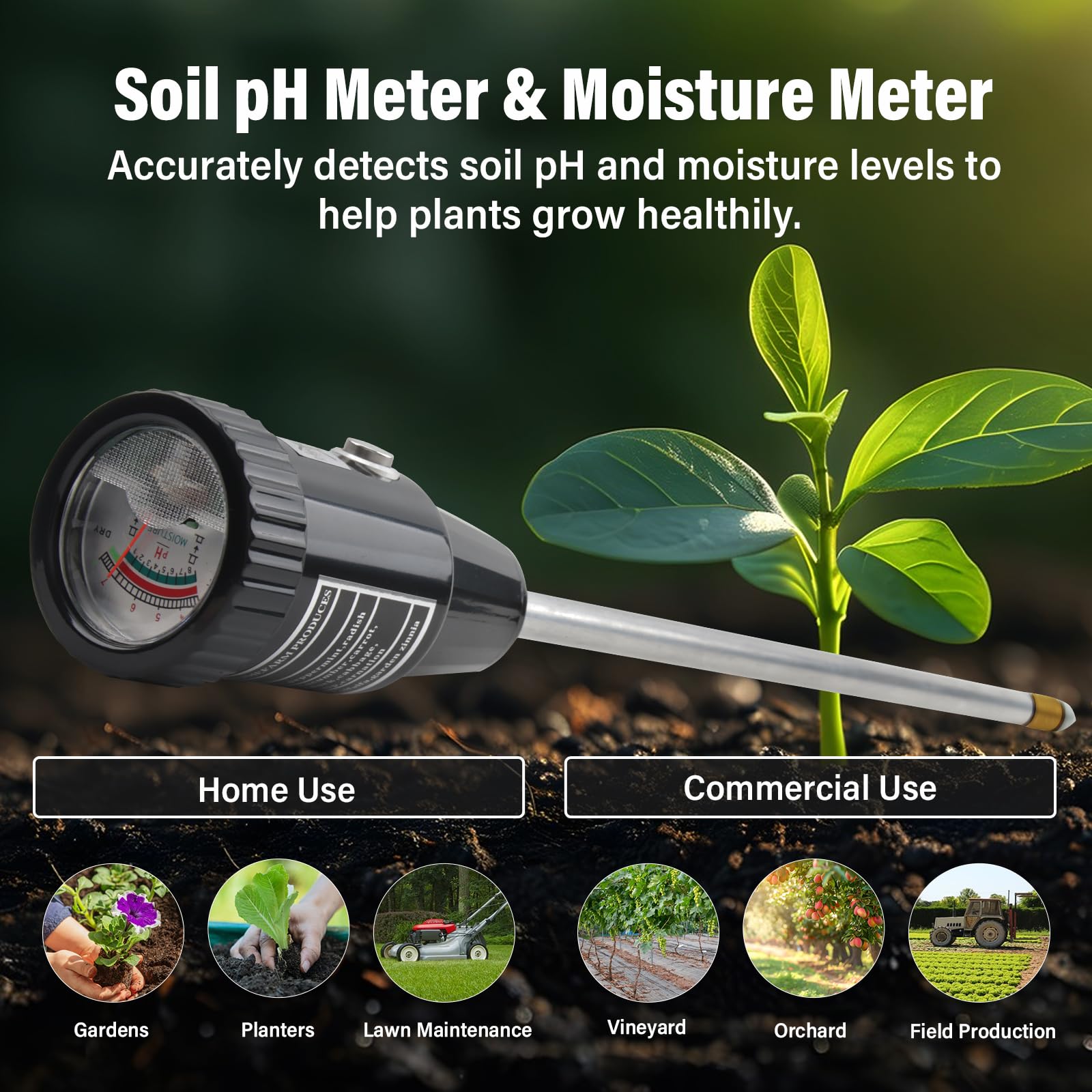 Medidor de pH y Humedad del Suelo, electrodo de 300 mm de Largo, comprobador de Suelo para jardín, césped, Granja, Uso Interior y Exterior, no Necesita Pilas.