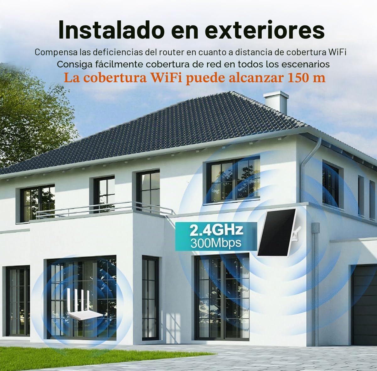 Amplificador/Amplificador de señal WiFi Doble Banda Exterior para Router de 2,4GHz,repetidor WiFi,300Mbps,Radio de Cobertura de hasta 490pies/150 Metros,Panel Solar 15W/5V,20000mAh,IP65