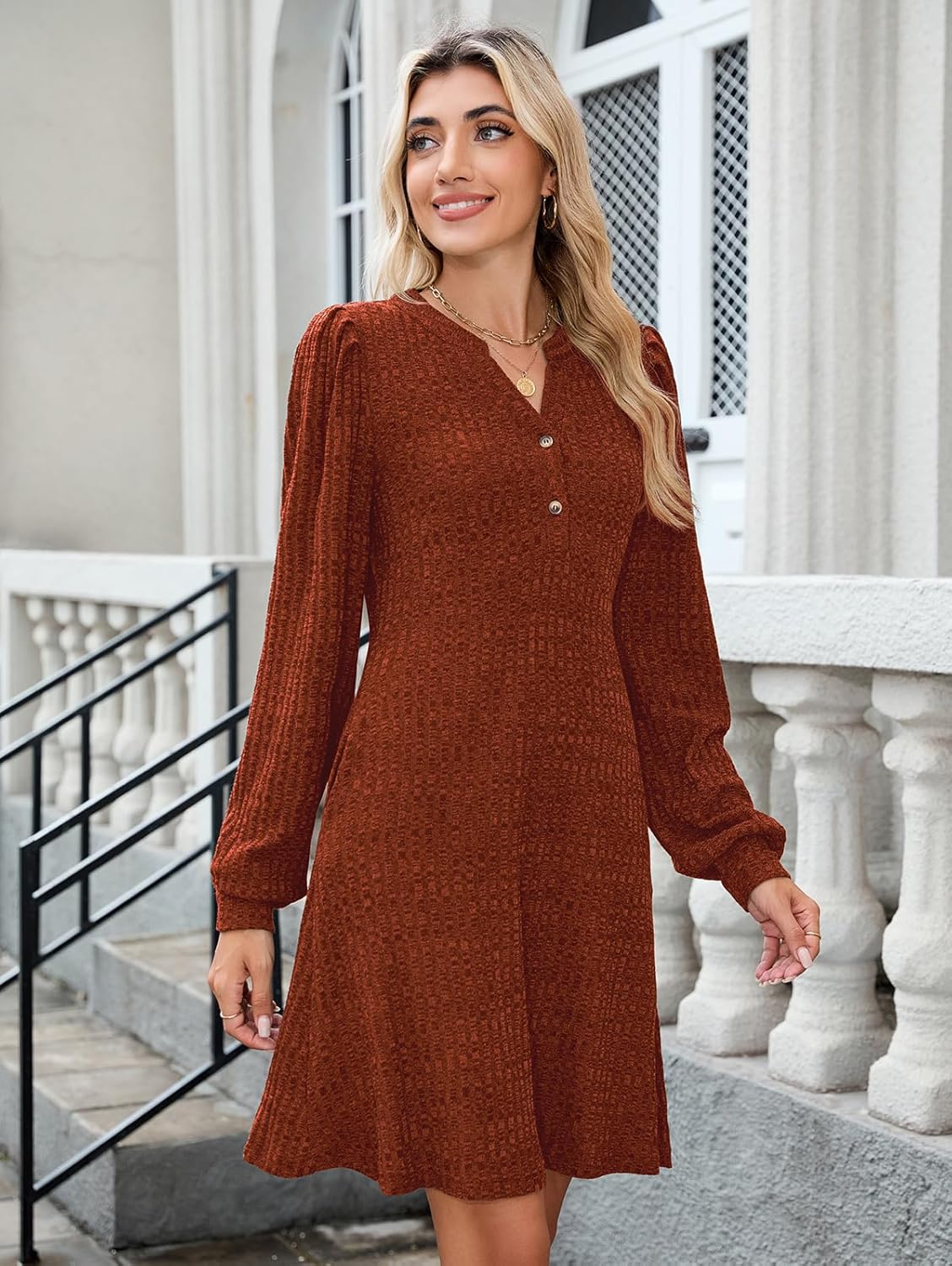 ZAFUL Womens Long Sleeve Fall Dresses with Pockets V Neck Button Casual Bodydoll Knit Sweater Dress 2025 - Image 4