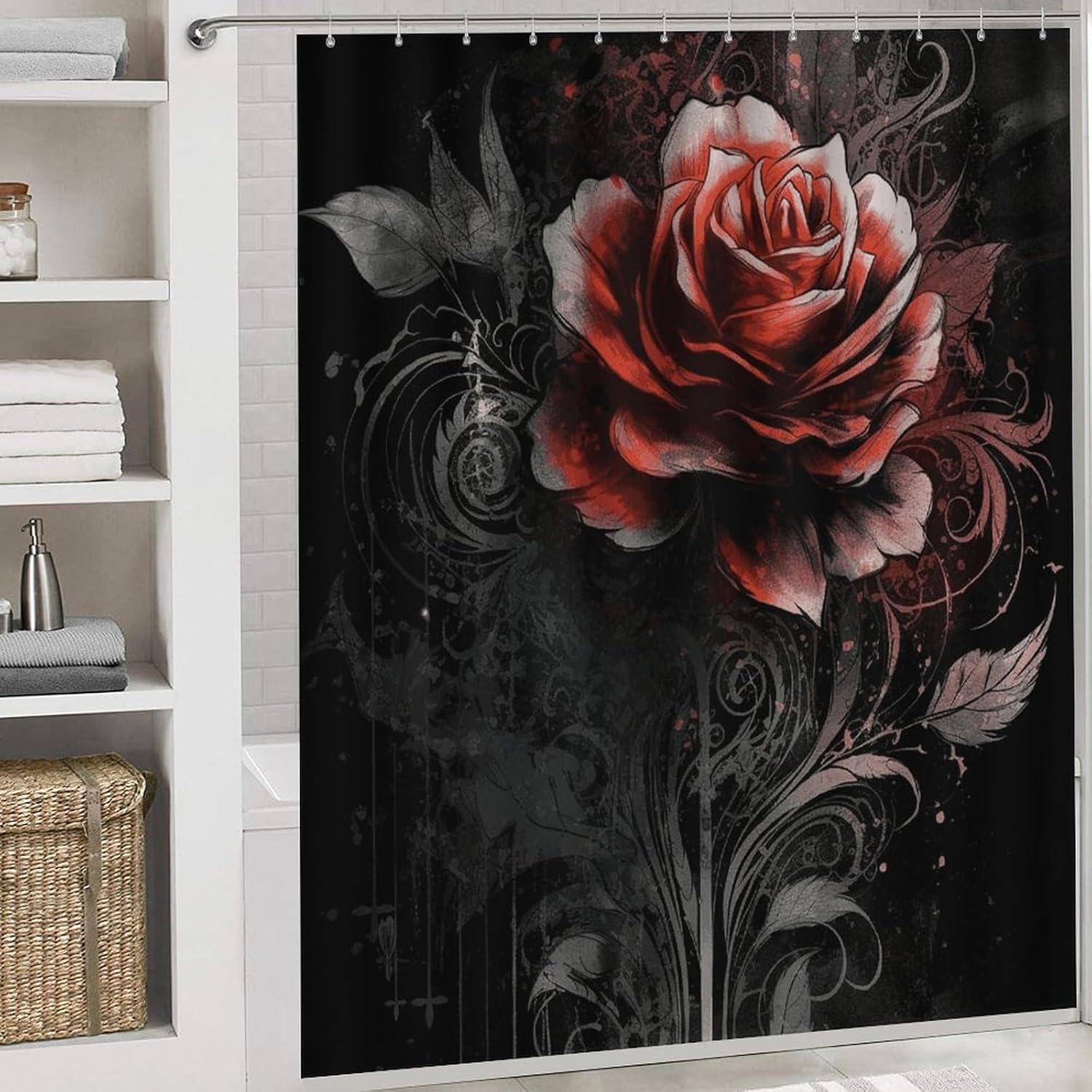 Flat Rose 4Pcs Shower Curtain Set with Non-Slip Rugs, Toilet Lid Cover and Bath Mat,Bathroom Set Decor Accessories,Curtain Set with 12 Hooks, 72 X 72 Inch