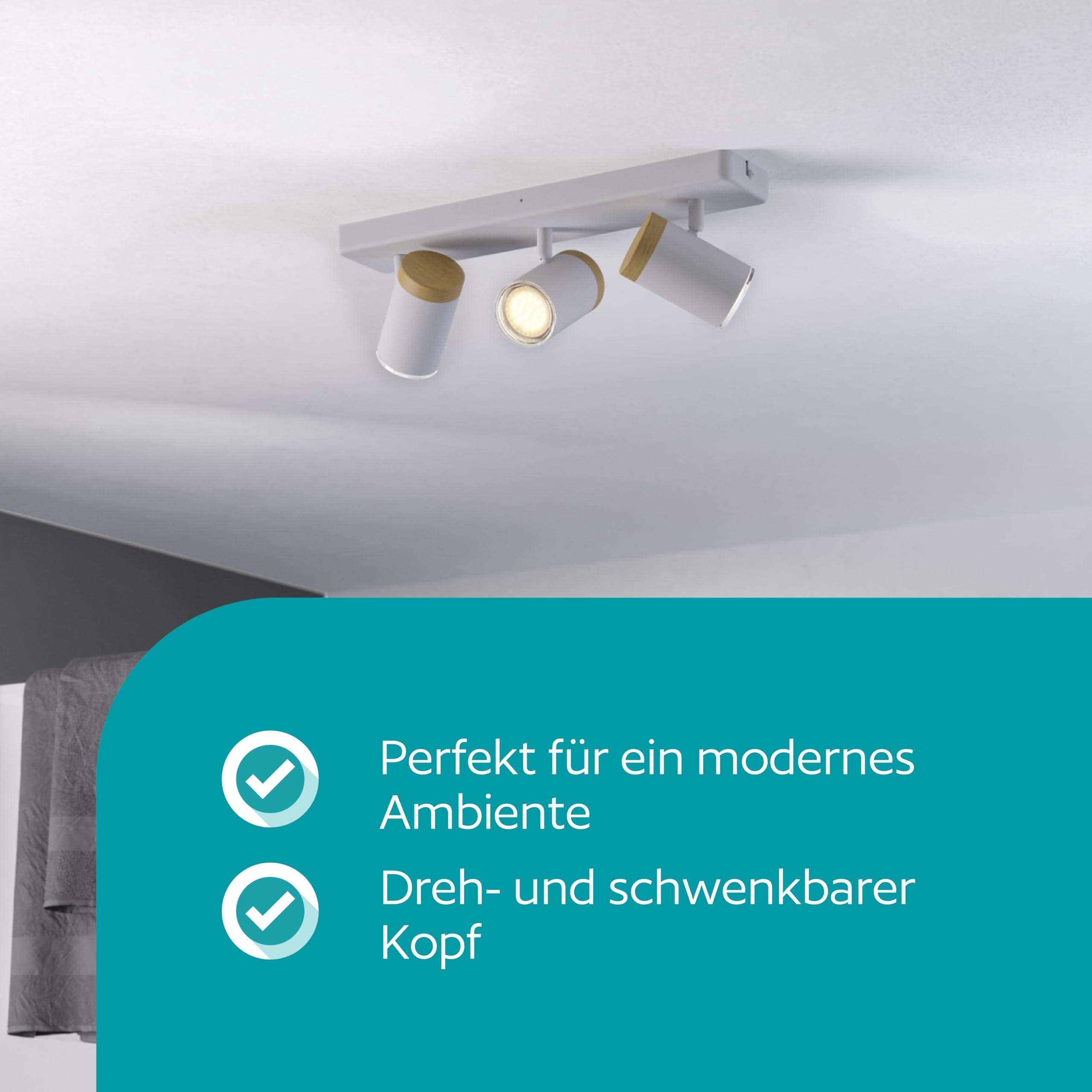 EGLO Deckenlampe 3-flammig Consuma Deckenstrahler | für Wohnzimmer und Badezimmer, Deckenleuchte mit 3 Spots, Holz und Stahl in Weiß, GU10 Fassung, IP44