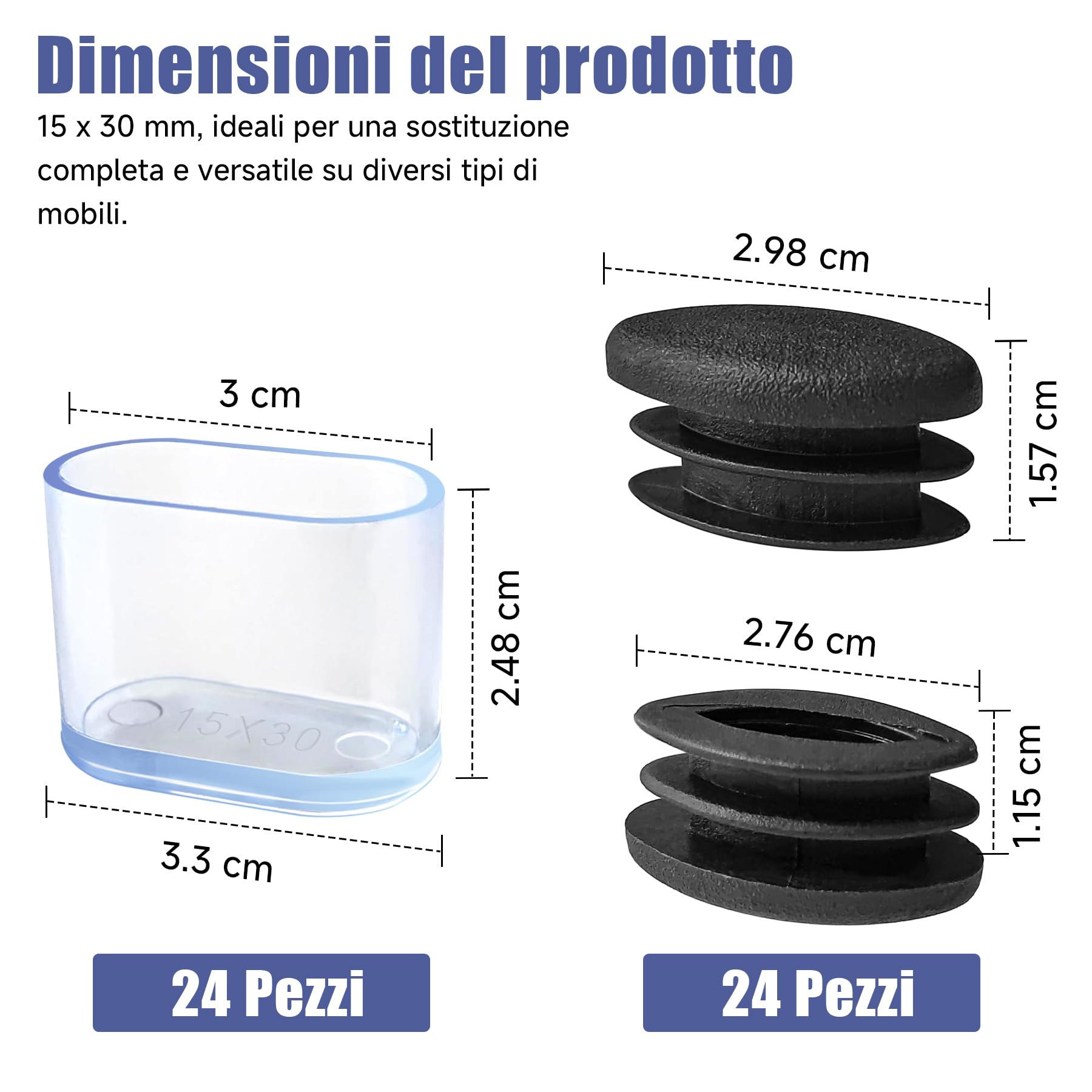 Gommini per Sedie Ovali, 48 Pezzi 15mm x 30mm Cuscinetti Ovali Tappi per Sedie per Tappi Terminali in Silicone per Inserti del Tubo per Tubi, Metallo, Tubo Protezione, Mobili