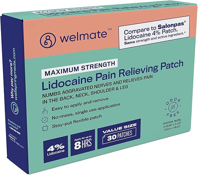 Welmate 4 Lidocaine Numbing Patch Maximum Strength for Aches, Pains, Back