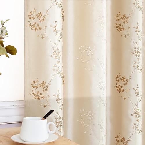 Miniatura 3 de Cortinas para dormitorios con ojales en la parte superior, bordado floral, de seda sintética juego de dos unidades.