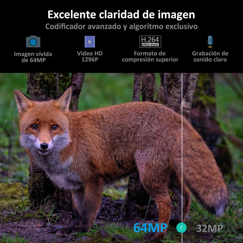 GardePro A3S Câmaras de Caça, Tarjeta de Memoria de 64GB 64MP 1296P H.264 Vidéo, Camara Fototrampeo con Alcance de Visión Nocturna de 30m y 0,1s Tiempo de Activación, LED IR de 940 NM No-Glow, IP66