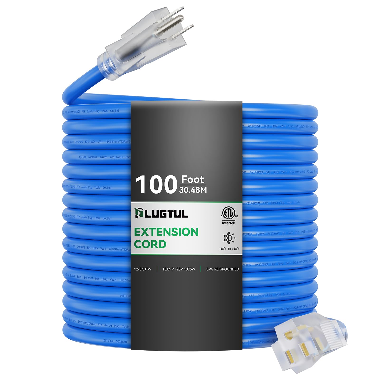 PLUGTUL 12 Gauge Extension Cord 100FT, Heavy Duty Lighted Extension Cord, 3 Prong Grounded Plug, 15A 1875W SJTW ETL Listed, Stays Flexible in Extreme