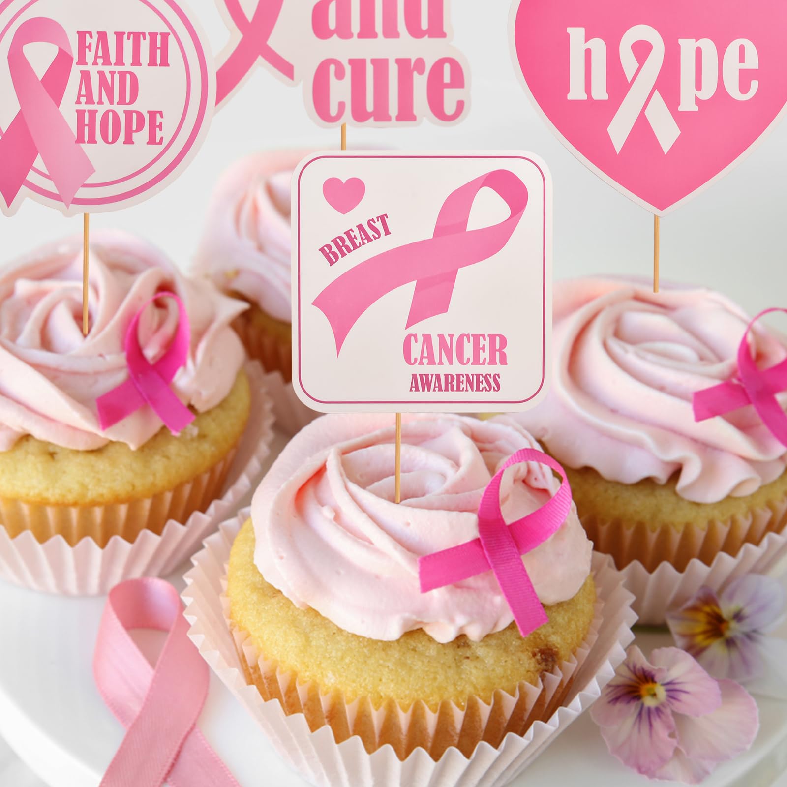 Set Di 96 Pirottini E Topper Per Cupcake – Nastro Rosa Contro Il Cancro Al Seno – Frasi Ispiratrici - 3