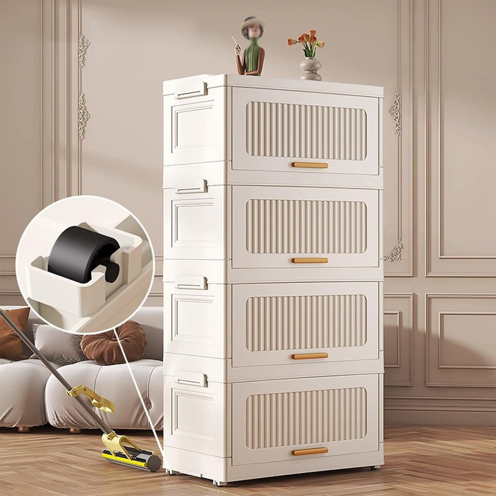 2 Ebenen Stapelbare Aufbewahrungsboxen, Faltbare Ordnungsboxen Mit Rädern, Haushalt Aufbewahrung Mehrschichtiger Schrank, Kunststoff-Aufbewahrungsbehälter Mit Deckel, Weiß