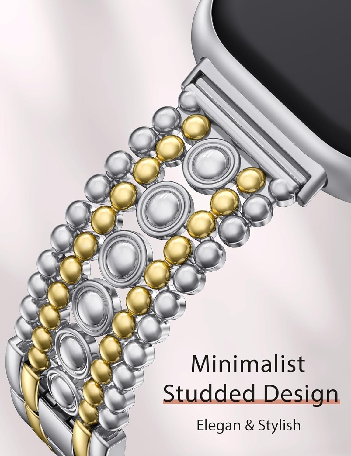 Minyee Metal Bands Compatible with Fitbit Sense 2/Versa 4/Versa 3/Sense Bands Women, Pretty Dressy Stainless Steel Metal Dual Tone Adjustable Round Studded Link Bracelet Replacement Strap for Versa 4