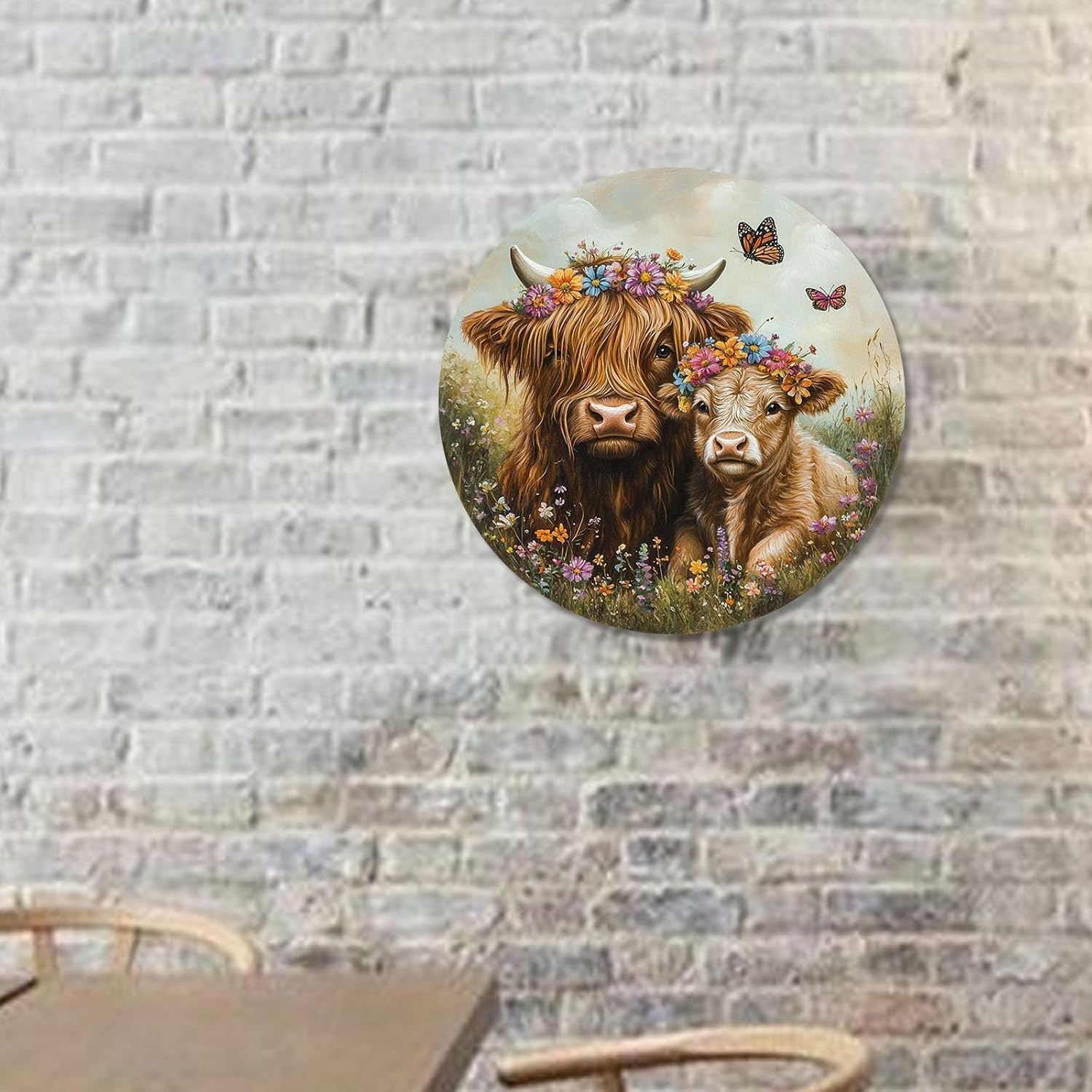 Highland Cow Vintage Round Garden Butterfly Metal Sign Funny Tin Sign Rustic Wall Decor for Home Farmhouse Garden Yard Bar Cafe Parch Patio 8×8 Inch image 5
