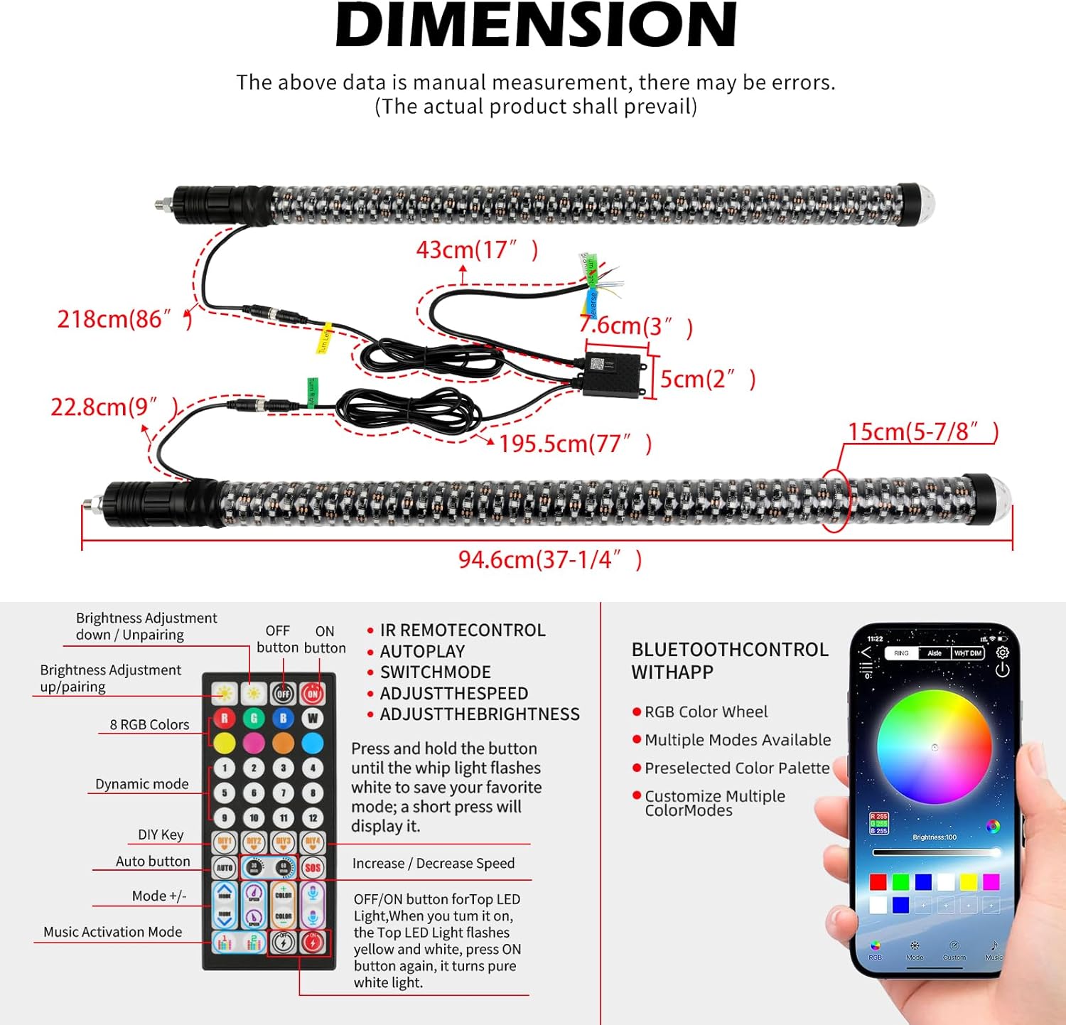 2PCS 3FT Fat Whip Light with Warning Light Spiral RGB LED Whip Lights with APP&Remote Control,Chasing Lighted Antenna Whips for UTV ATV Can-Am X3 RZR Can-Am Polaris Buggy Jeep Offroad (3ft)