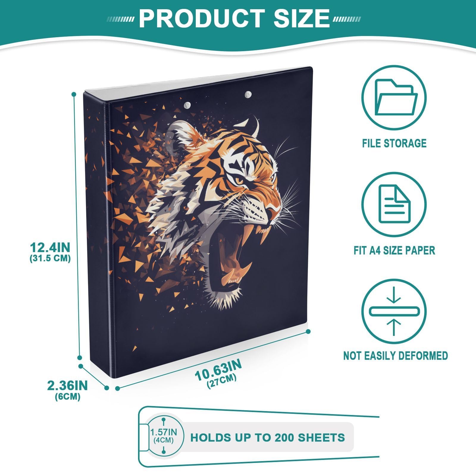 Confezione da 2 raccoglitori a 3 anelli, motivo Angry Tiger Animal, 3,8 cm, con 3 tasche trasparenti, portablocco e contiene 200 fogli, per ufficio, scuola, organizzazione domestica