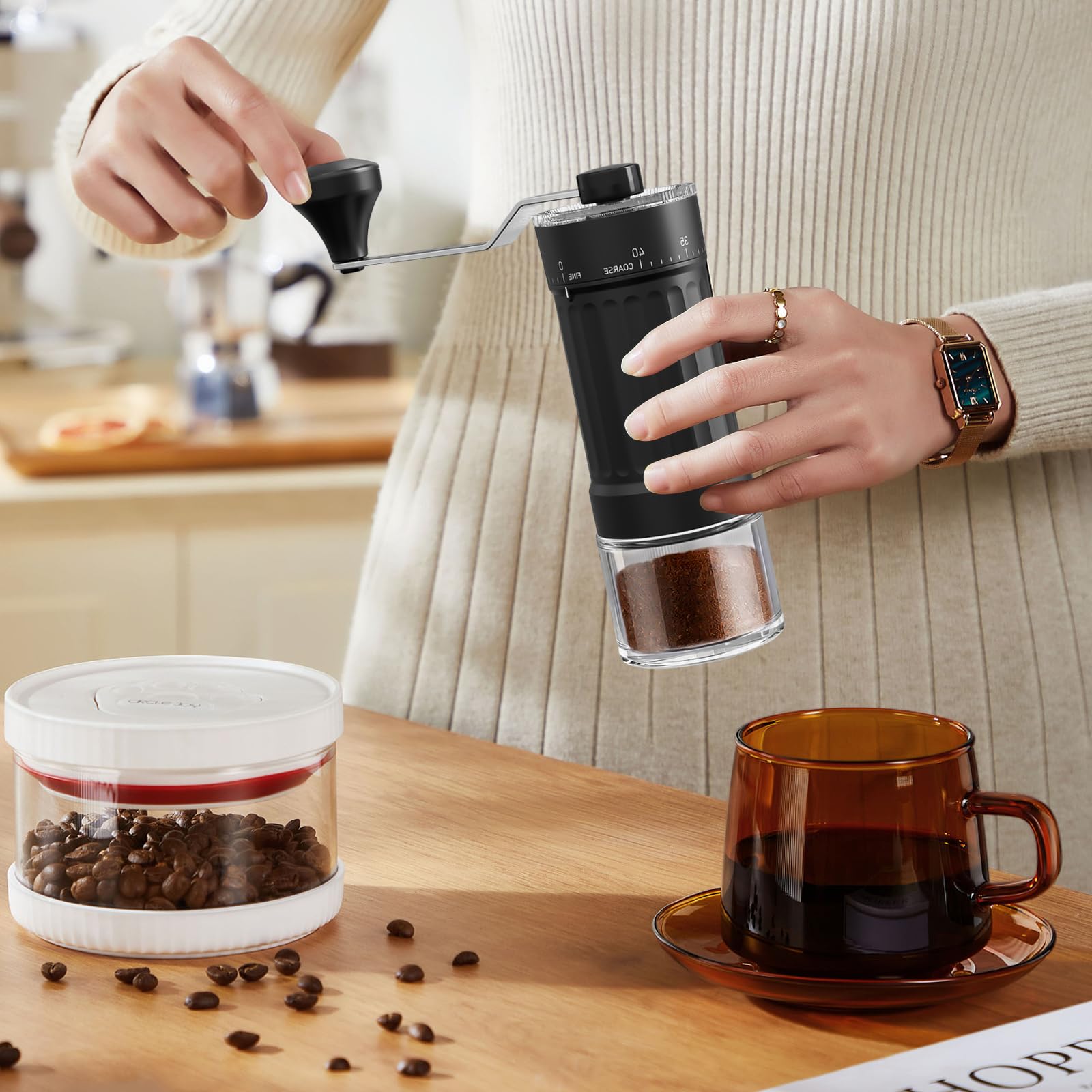 Ręczny młynek do kawy, zewnętrzny, regulowany ręczny młynek do kawy, regulowany stopień mielenia od grubego do drobnego, ręczny młynek do French Press, dzbanek Moka, aeropress, podróż, kemping