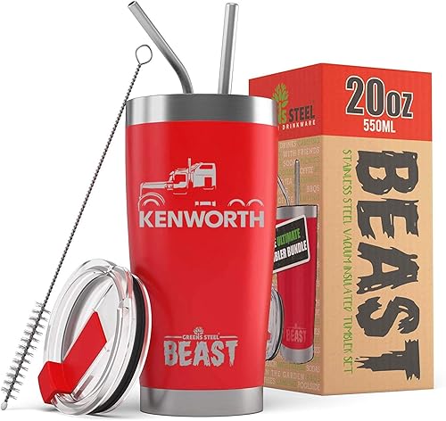 Miniatura 1 de Kenworth W900 Semi Truck Beast - Vaso aislado de acero inoxidable de 20 onzas con tapa, 2 pajillas, cepillo y caja de regalo, color rojo