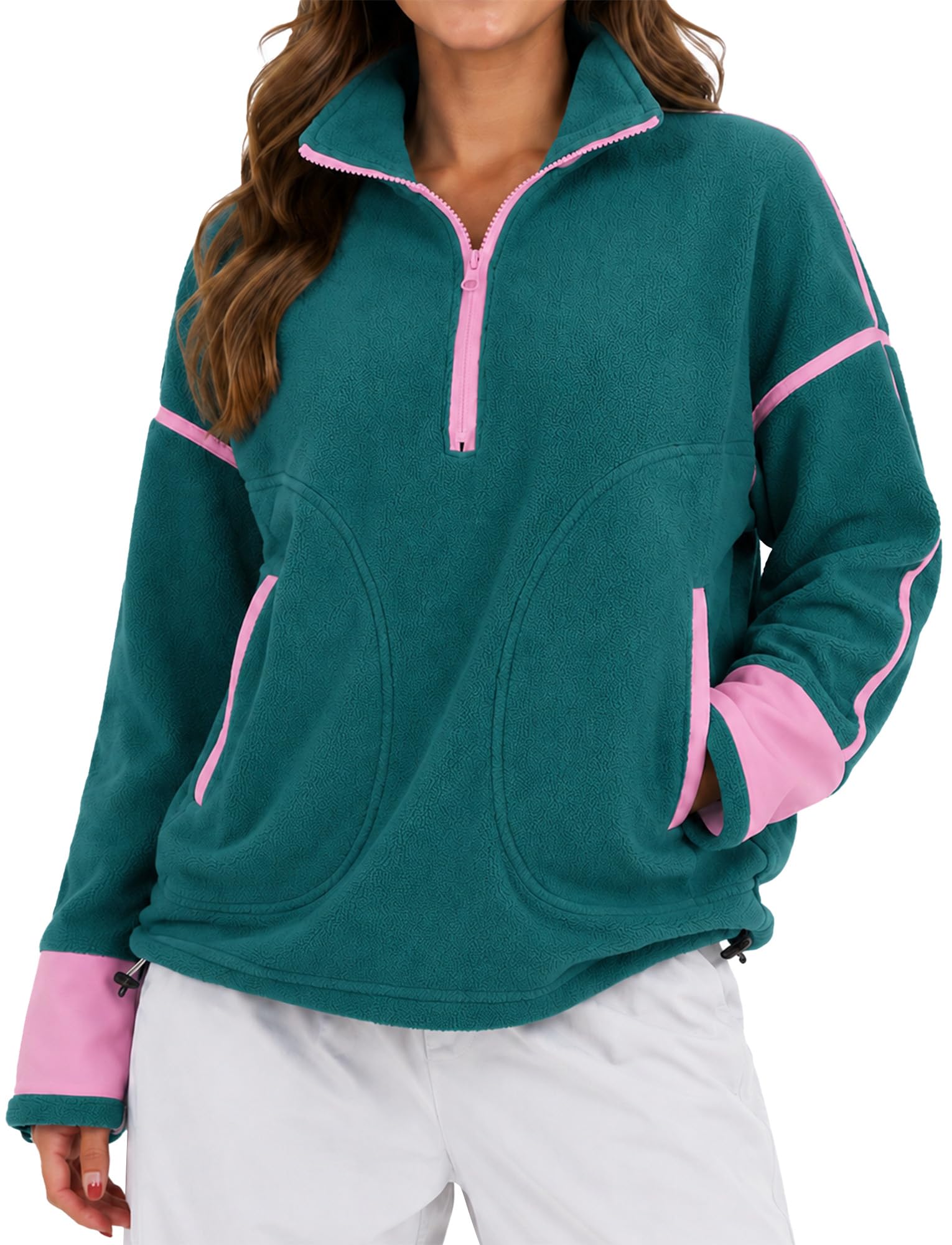 FEOYA Damska bluza polarowa z zamkiem błyskawicznym oversize, ciepły sweter, ZIELONY, L | Polarowy top z kieszeniami na jesień zimę sport spacery piesze codzienne odzież domowa