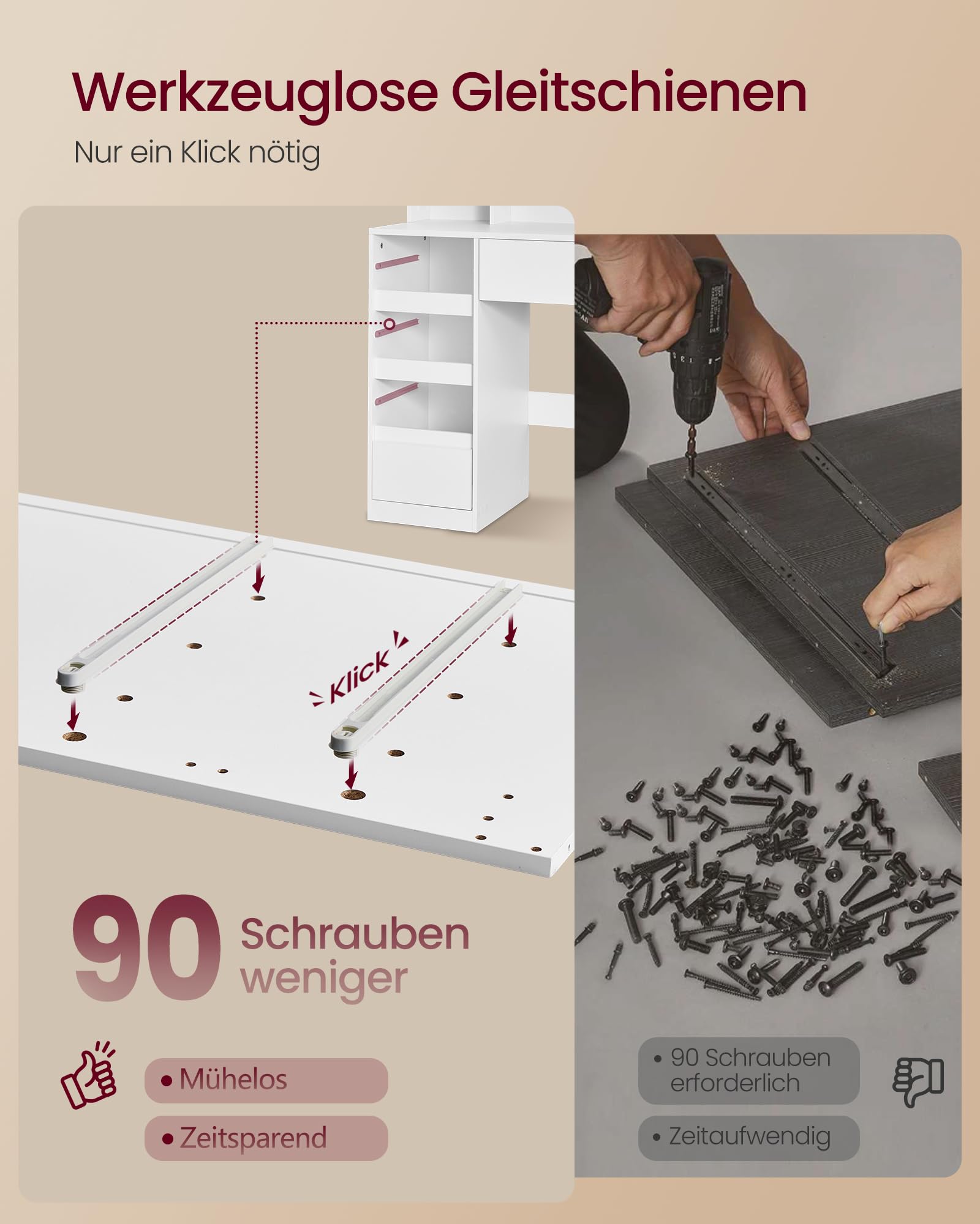 VASAGLE Schminktisch mit Spiegel und Beleuchtung, 10 Schubladen