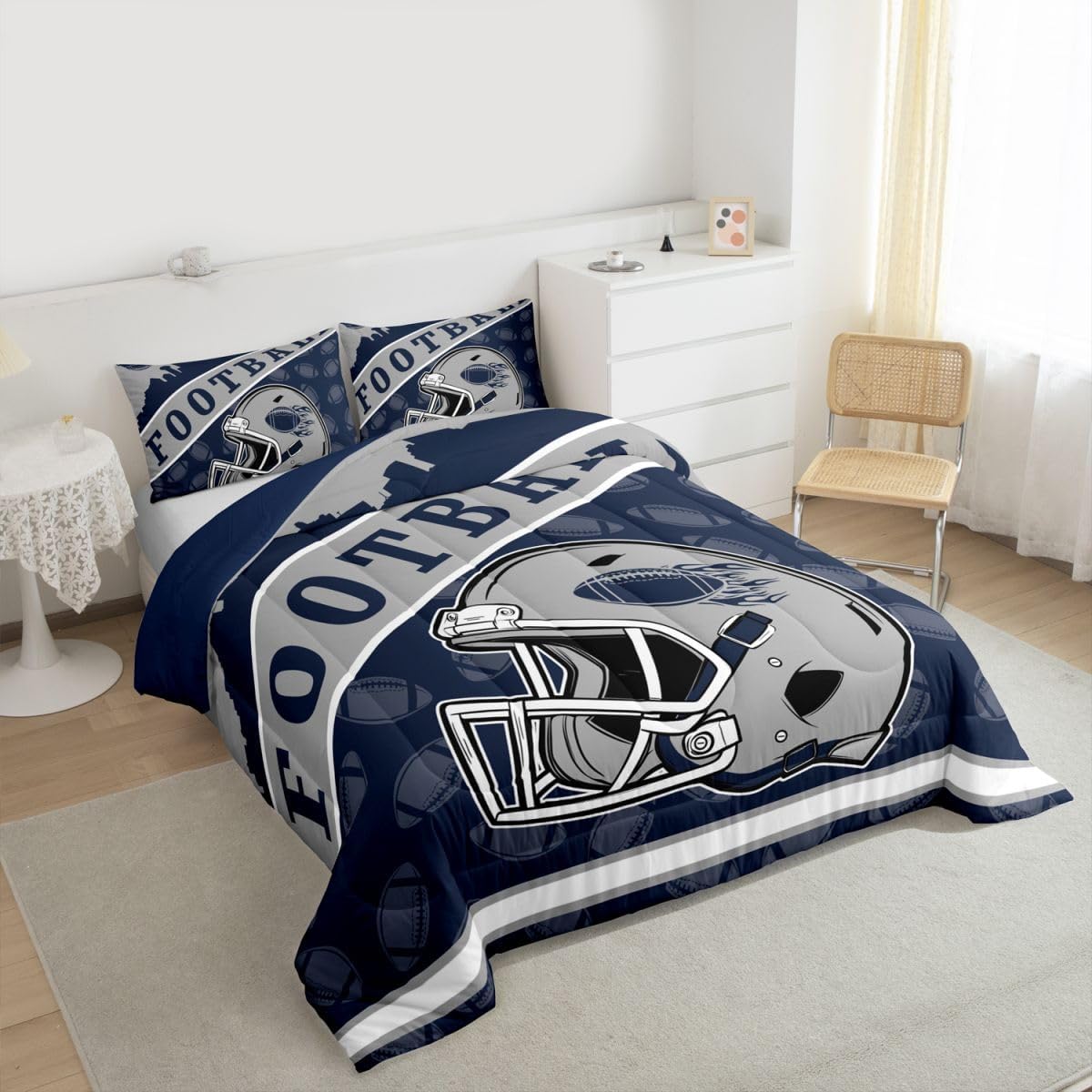 Erosebridal Classic Football City Helmet Comforter Sets, Gridiron Theme Bedding Navy and Grey Sports City Silhouette Illustration Bed Set Full for Rugby Sports Fans Gift