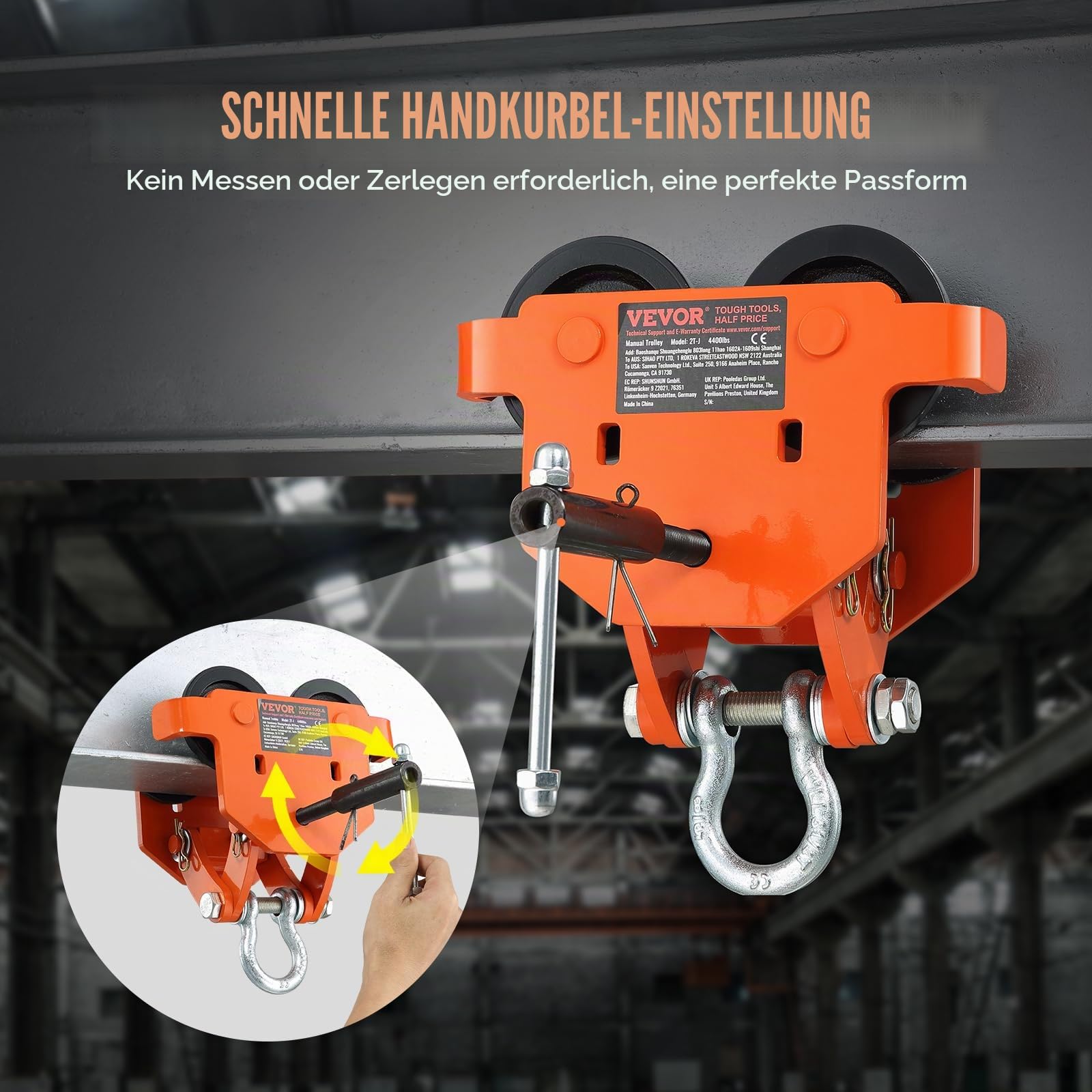 VEVOR Laufkatze 2Tonnen Tragfähigkeit Hallenkran 71–170,2mm Einstellbare Breite Kran 360x260x240mm Rollfahrwerk Doppelrad-Design Handfahrwerk für I- und H-Trägern Hallenkran Ladekran