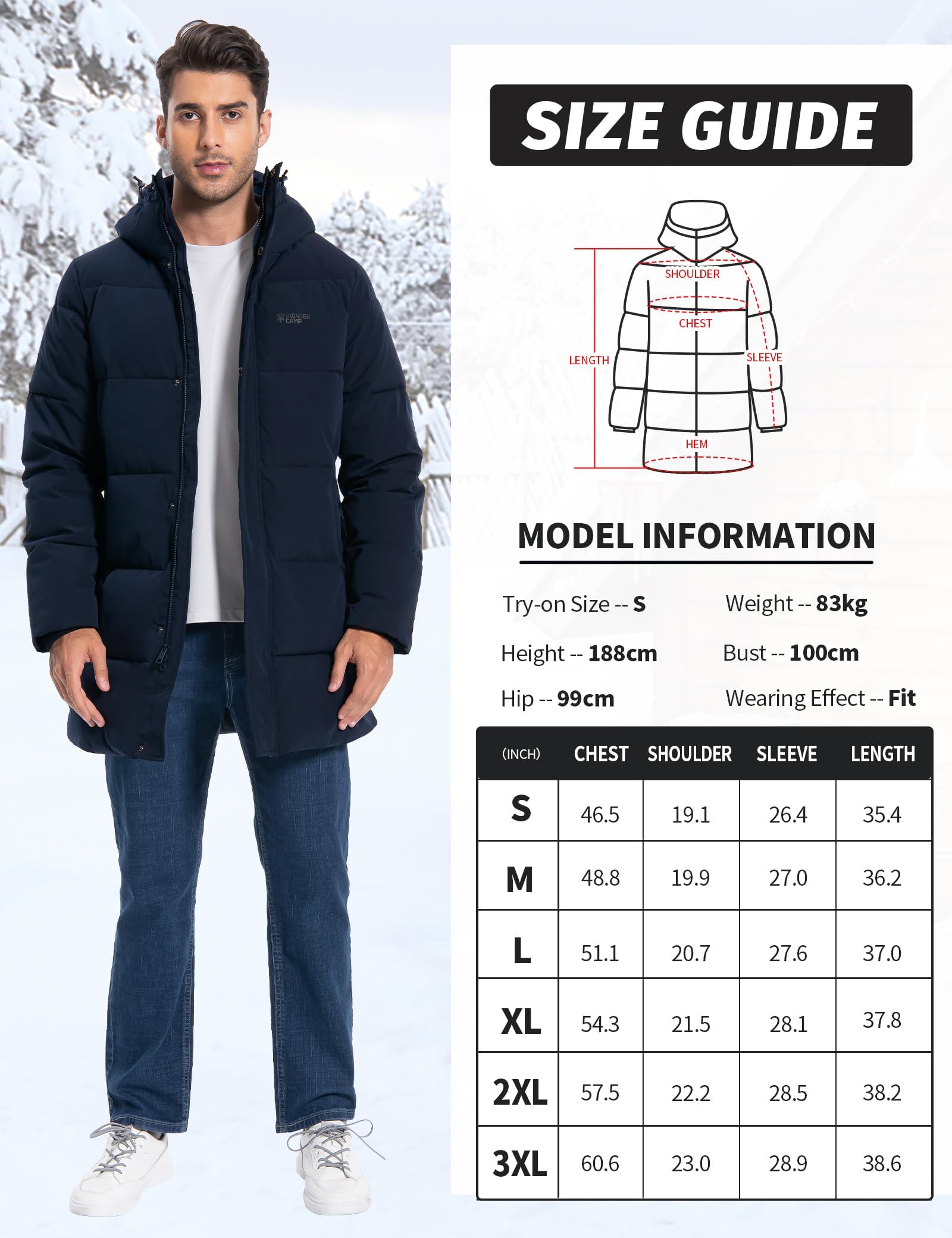 Pioneer Camp Cappotto invernale lungo da uomo, con cappuccio, impermeabile, isolante, piumino, caldo, piumino parka
