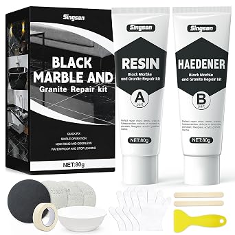 Black Marble Repair Kit, Tile and Granite Repair Kit for Cracks, Chips, Scratches and Holes, 2 Part Resin Bath, Sink, Shower Tray and Worktop Repair Kit for Bathroom and Kitchen Surfaces