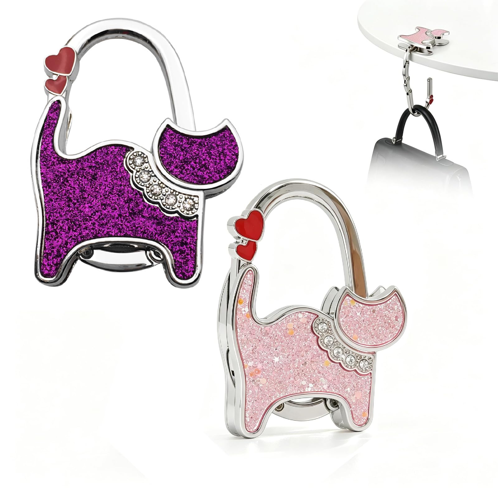 Jubobu Foldable Purse Hook for Table, Cat Shape Handbag Holder Hook, Alloy Desk Bag Hanger, Pink & Purple, Set of 2-image-6