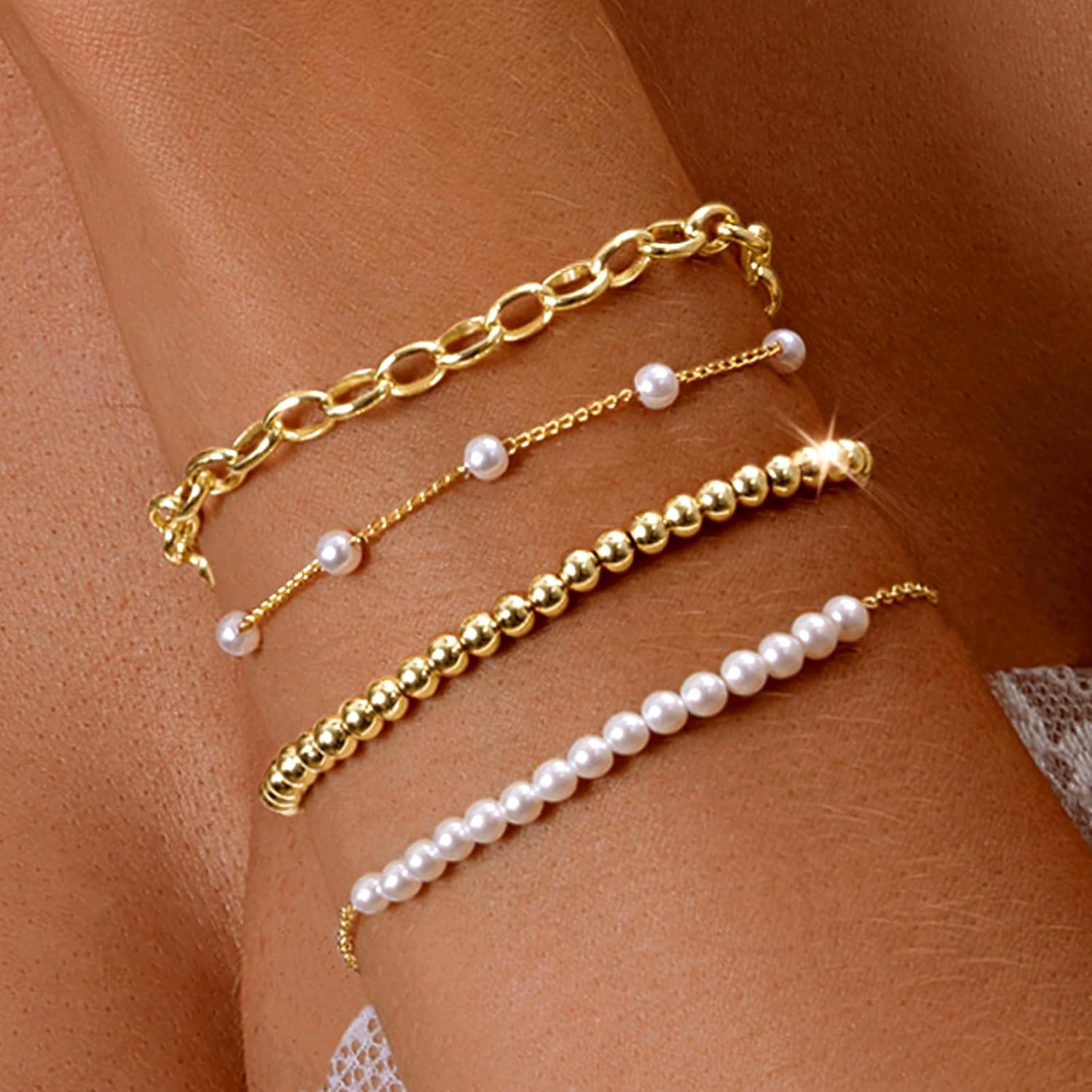 Zeffy Gold Pearl Beaded Bracelet for Women, 14K Gold Plated Jewelry Set With Paperclip Link Chain, Trendy Stack Bracelets - Image 2