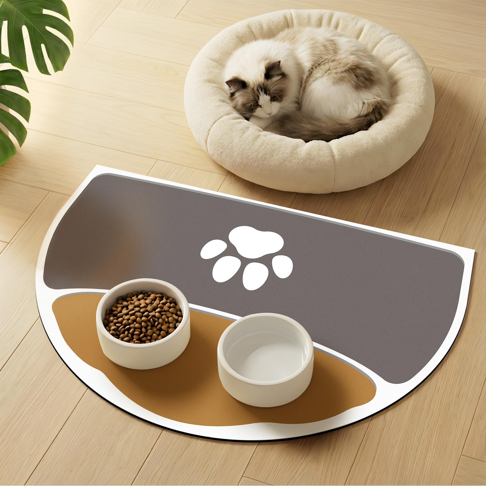 Absorbent Dog Food Mat, 61x40.5 cm Non Slip Rubber Base Cat Feeding Mat, Anti-Scratch Cat Mats for Food Bowls for Floors, Large Dog Mat For Bowls Designed for Multiple Pets Families (Grey & Brown)