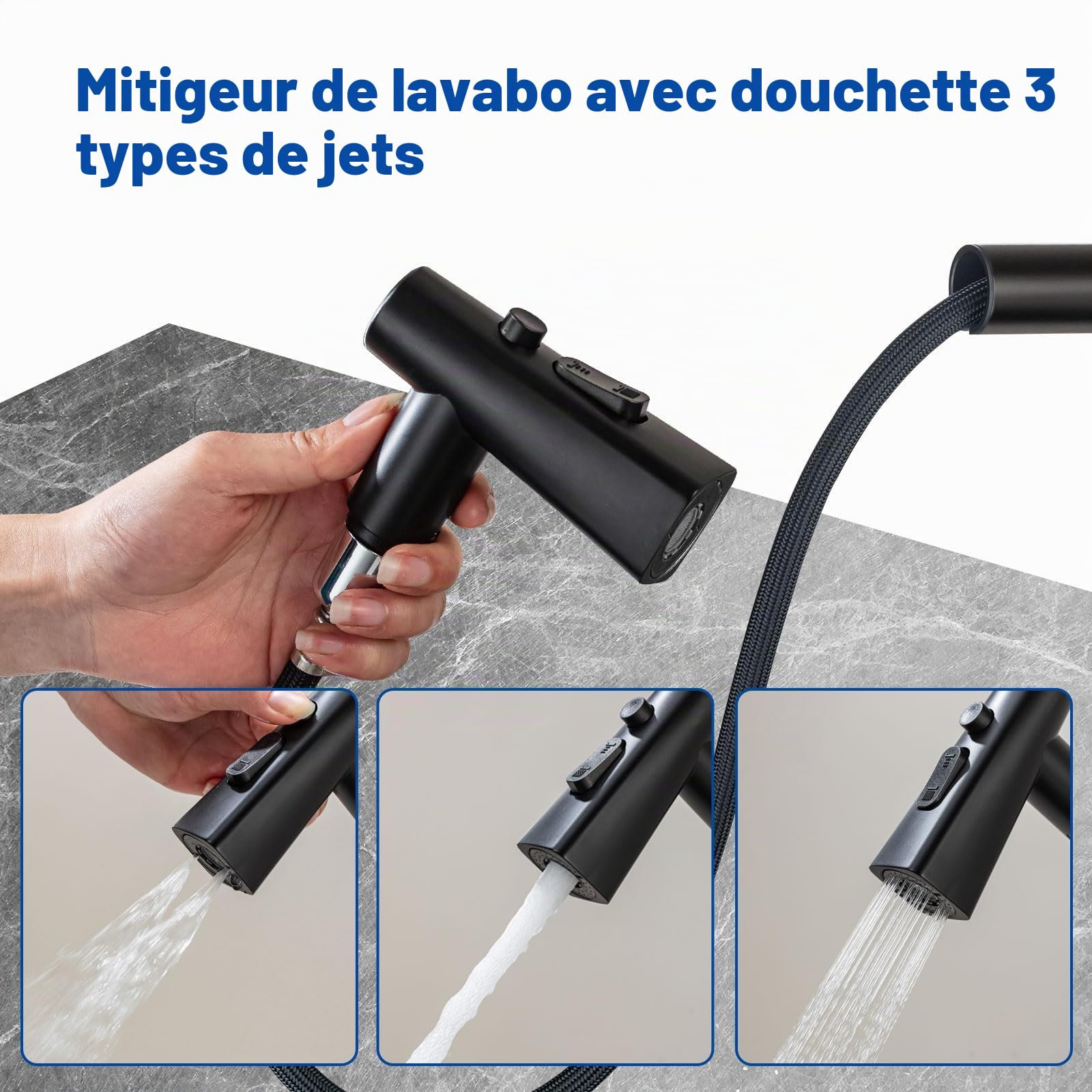 Robinet de Cuisine Extractible Noir avec Indicateur de Température LED