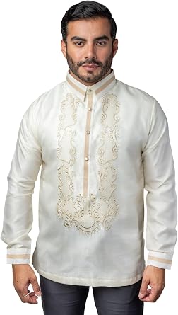 MO44 - Organza Pina Barong Tagalog with Lining - Traditional Filipino Formal Shirt Beige