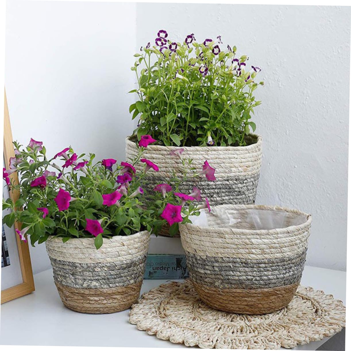 Happyyami 3 Stück Pflanzkorb aus Stroh, Gewebter Blumenkorb für Dekoration