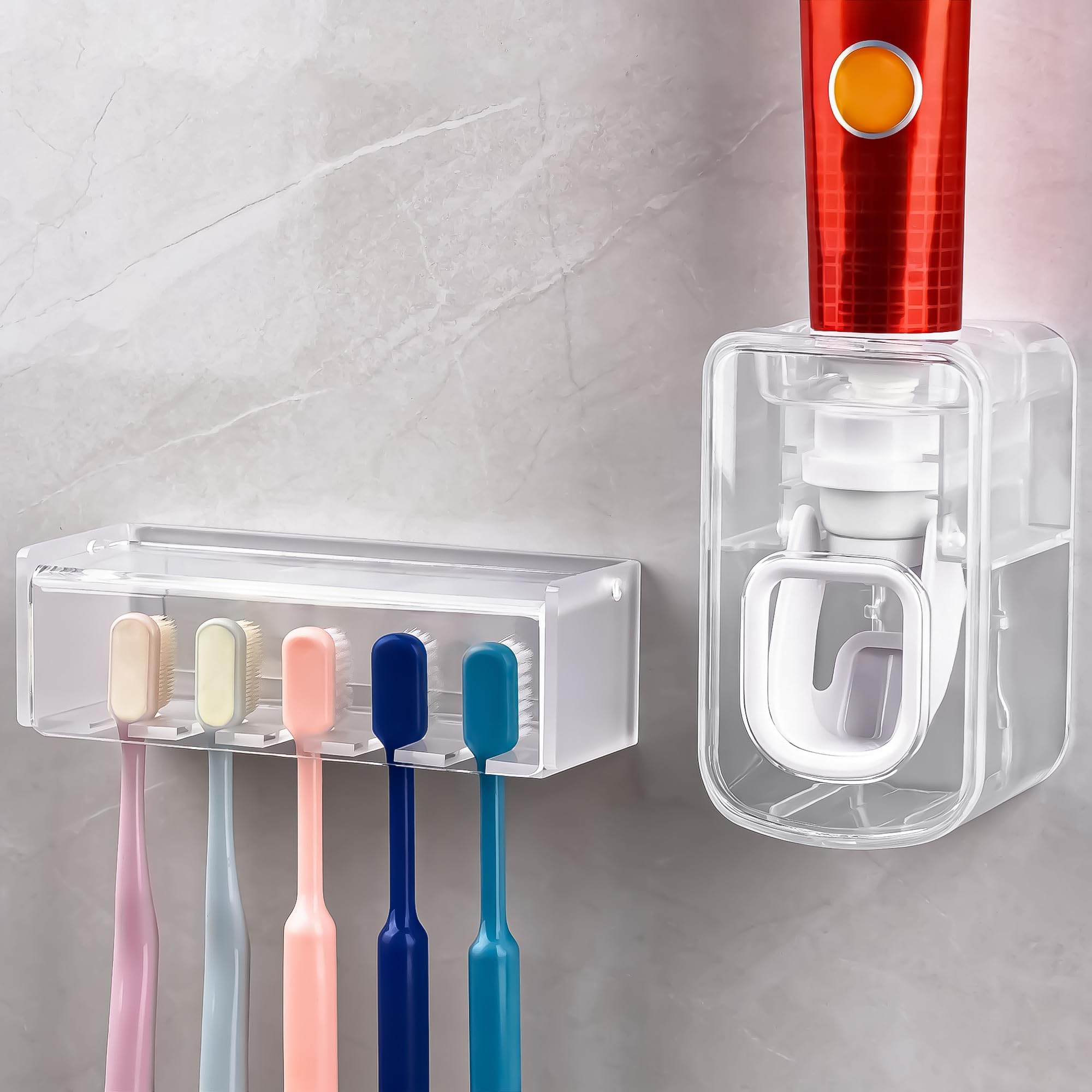 5 Slots Wall Mount Toothbrush Holder with Cover, Self Adhesive Tooth Brush Storage Organizer for Shower Bathrooms, Toothbrush Stand with Automatic Toothpaste Squeezer Dispenser