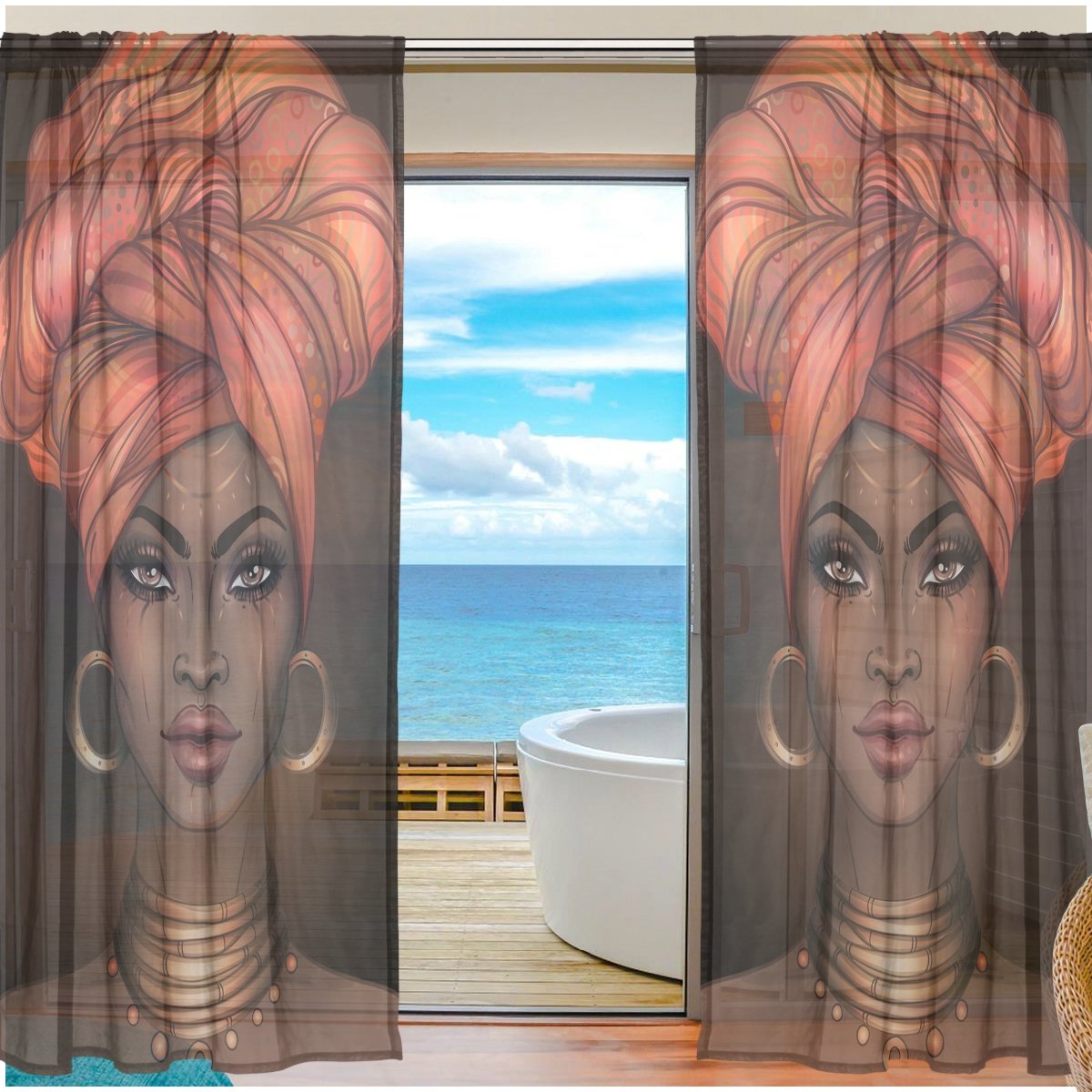 senya African American Woman Window Sheer Curtains Digital Printed Polyester Fiber Drapes for Door Kitchen Living Room Bedroom