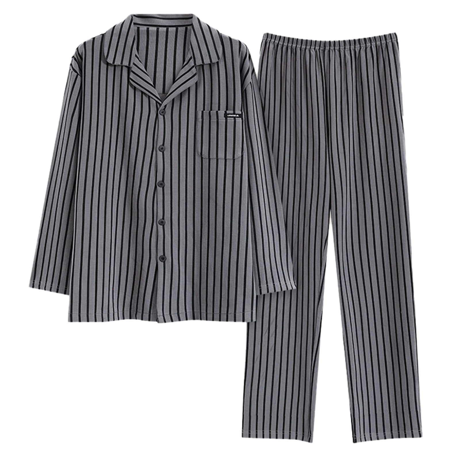 Pigiama Button-Down in Cotone da Uomo, 2 Pezzi di Pigiameria a Maniche Lunghe con Tasche